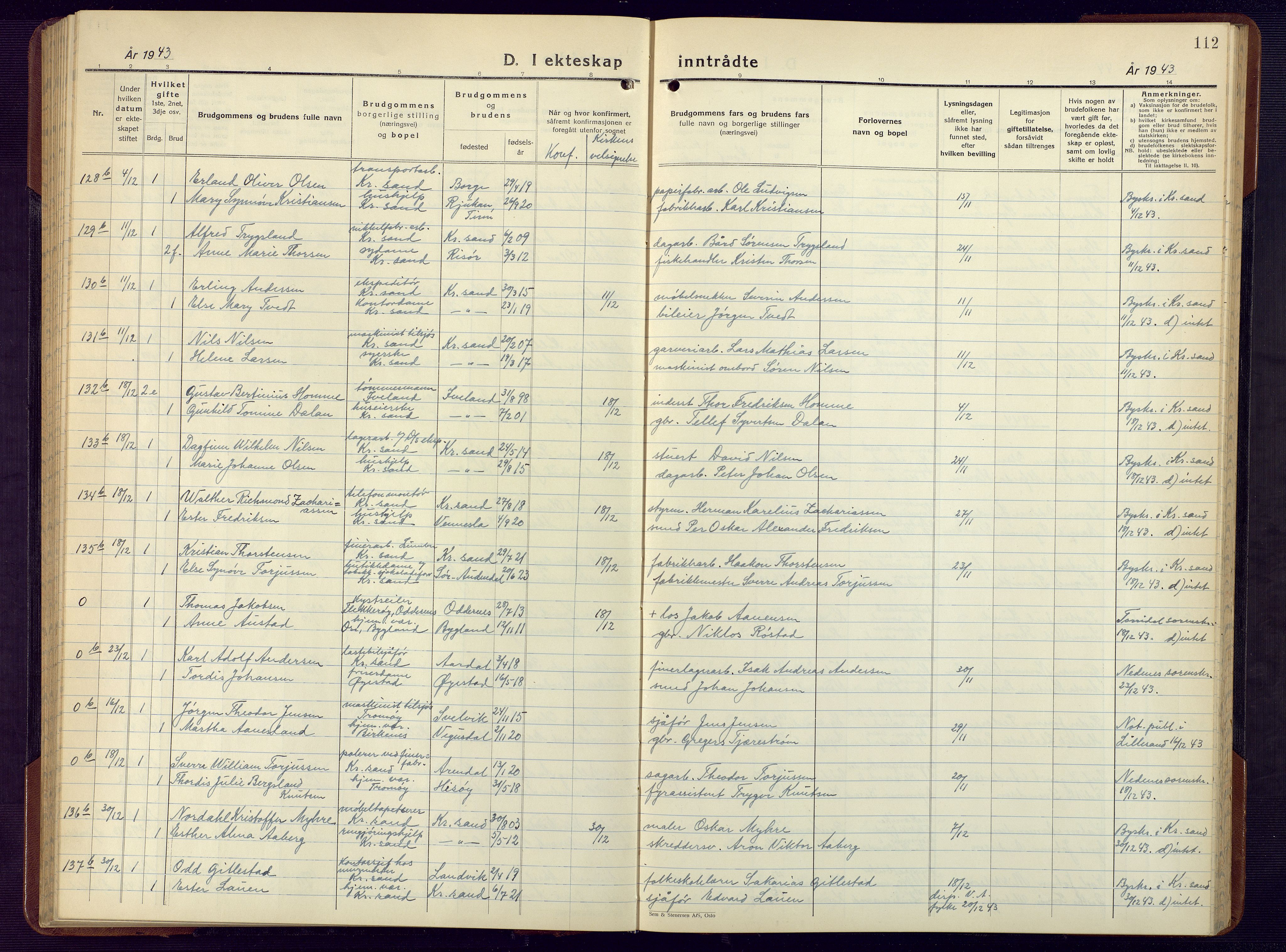 Kristiansand domprosti, AV/SAK-1112-0006/F/Fb/L0029: Parish register (copy) no. B 29, 1937-1945, p. 112