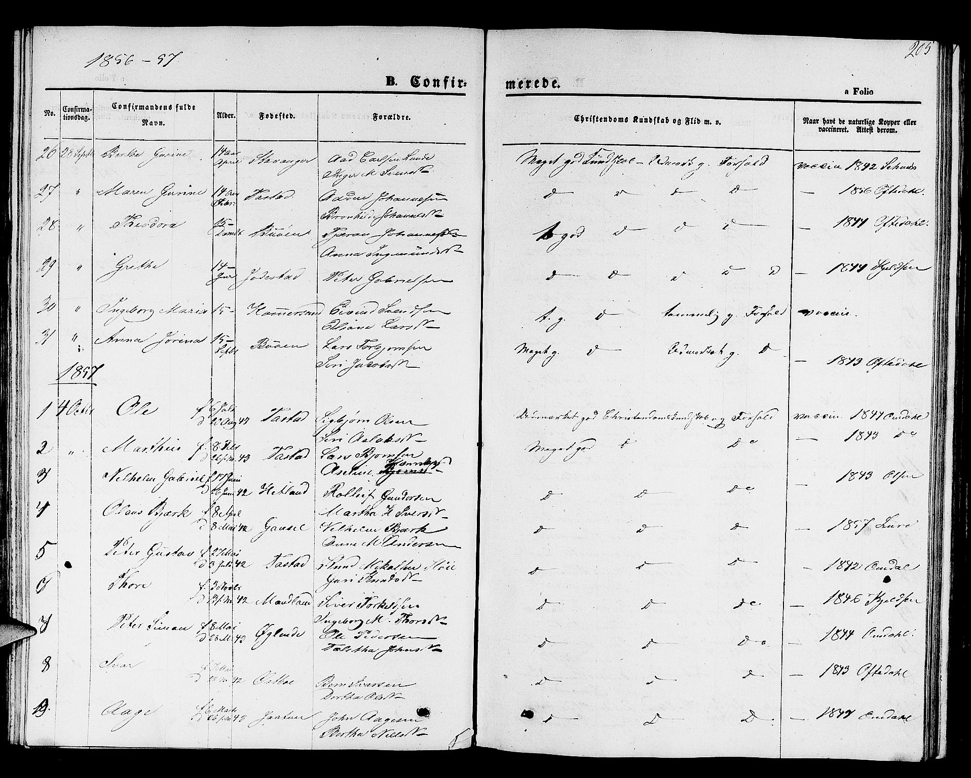 Hetland sokneprestkontor, SAST/A-101826/30/30BB/L0001: Parish register (copy) no. B 1, 1850-1868, p. 205