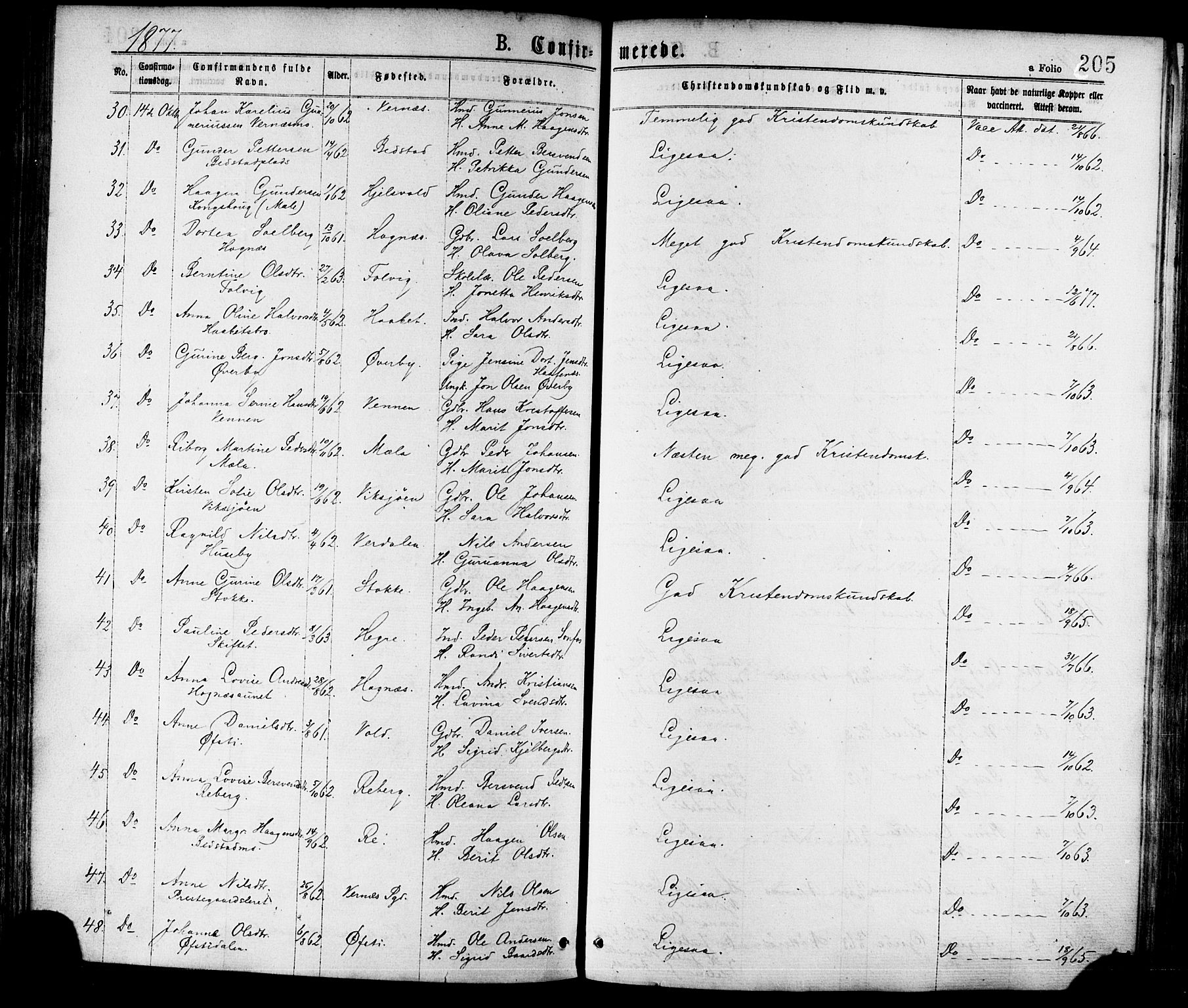 Ministerialprotokoller, klokkerbøker og fødselsregistre - Nord-Trøndelag, SAT/A-1458/709/L0076: Parish register (official) no. 709A16, 1871-1879, p. 205