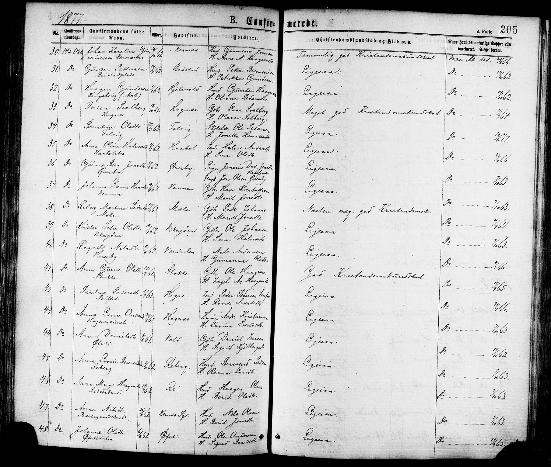 Ministerialprotokoller, klokkerbøker og fødselsregistre - Nord-Trøndelag, AV/SAT-A-1458/709/L0076: Parish register (official) no. 709A16, 1871-1879, p. 205