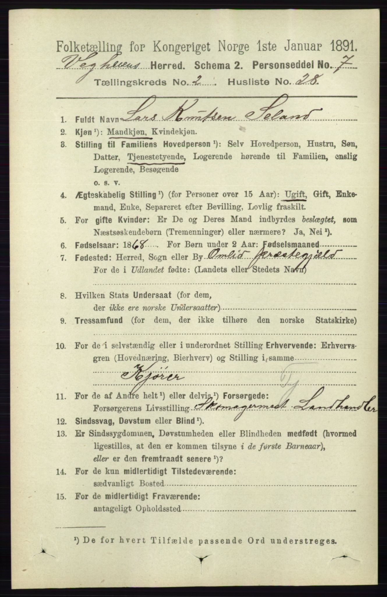RA, 1891 census for 0912 Vegårshei, 1891, p. 573