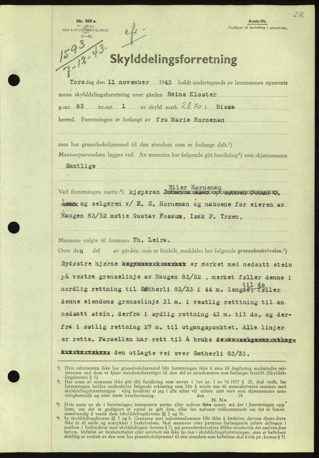 Fosen sorenskriveri, AV/SAT-A-1107/1/2/2C: Mortgage book no. A3, 1943-1945, Diary no: : 1593/1943
