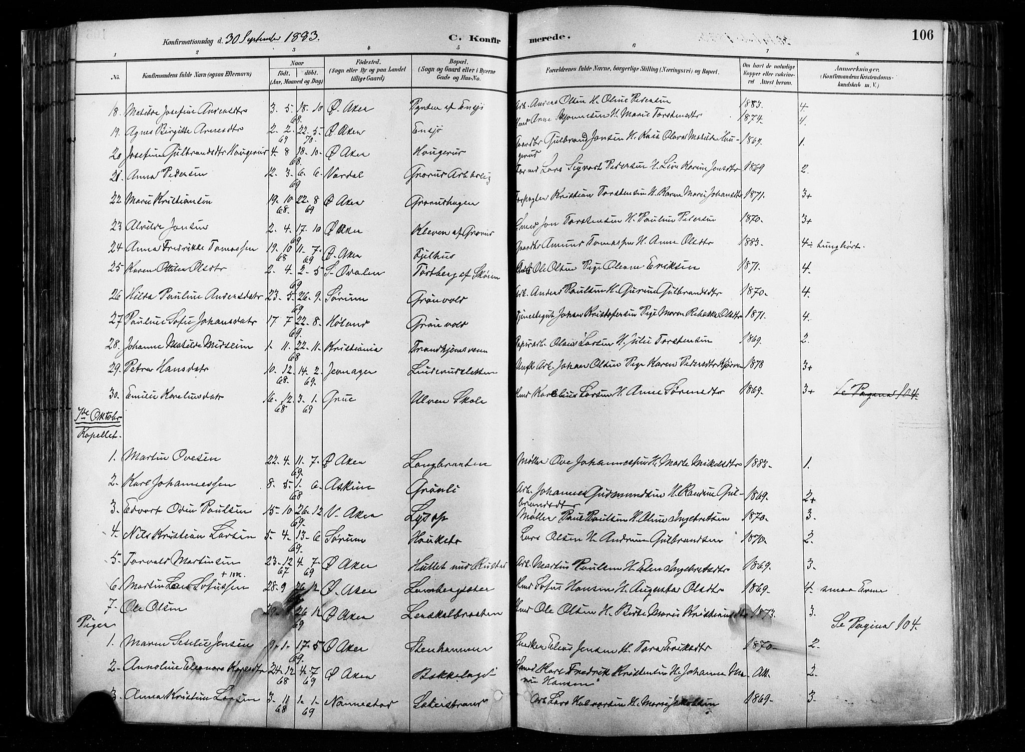 Østre Aker prestekontor Kirkebøker, AV/SAO-A-10840/F/Fa/L0008: Parish register (official) no. I 8, 1883-1894, p. 106