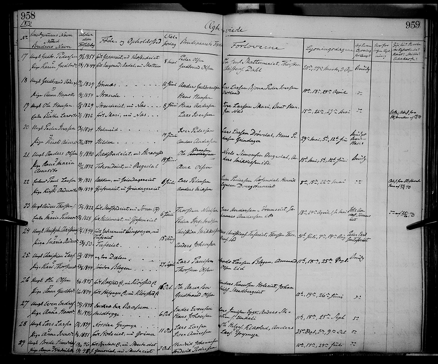 Gran prestekontor, SAH/PREST-112/H/Ha/Haa/L0012: Parish register (official) no. 12, 1856-1874, p. 958-959