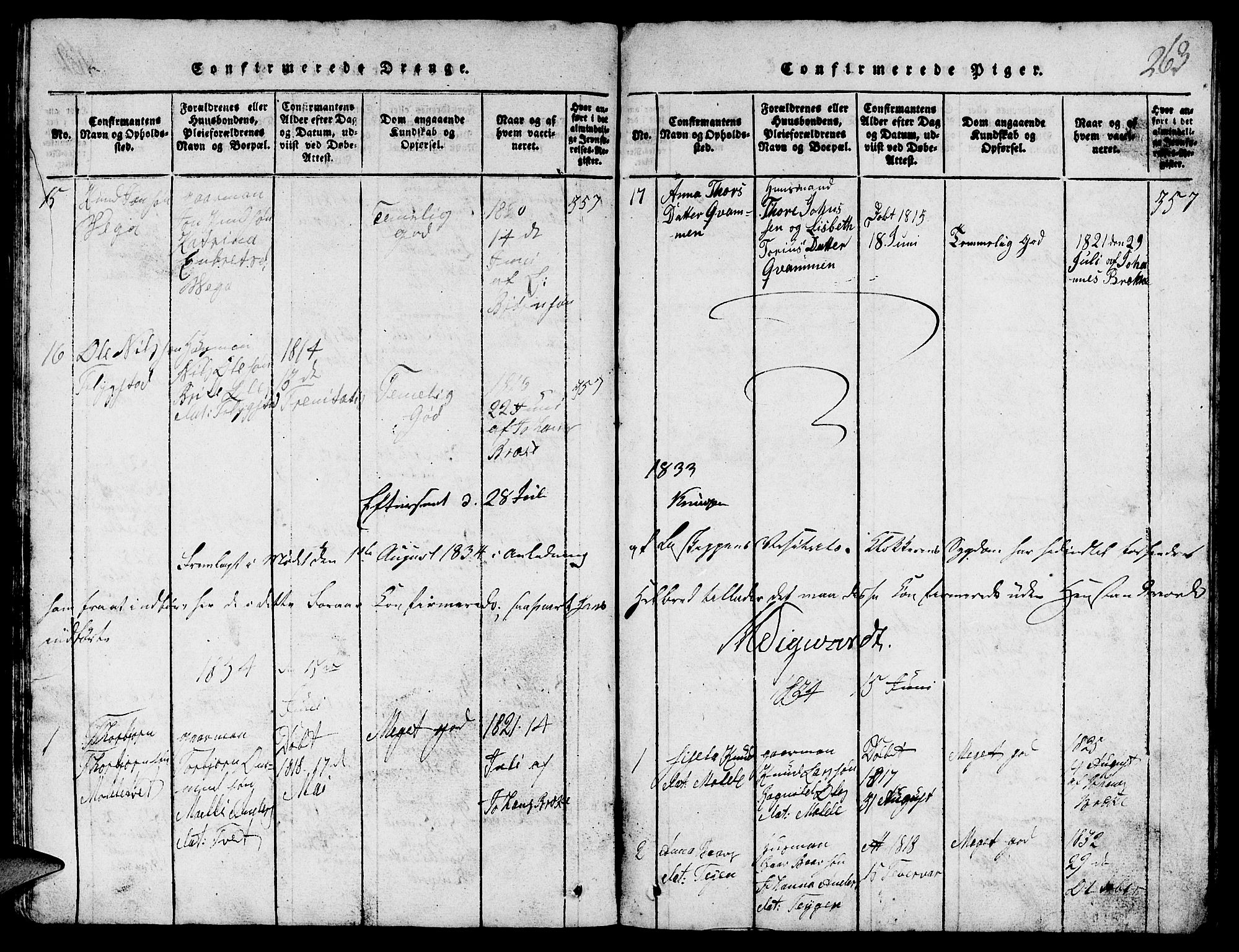 Suldal sokneprestkontor, SAST/A-101845/01/V/L0002: Parish register (copy) no. B 2, 1816-1845, p. 263