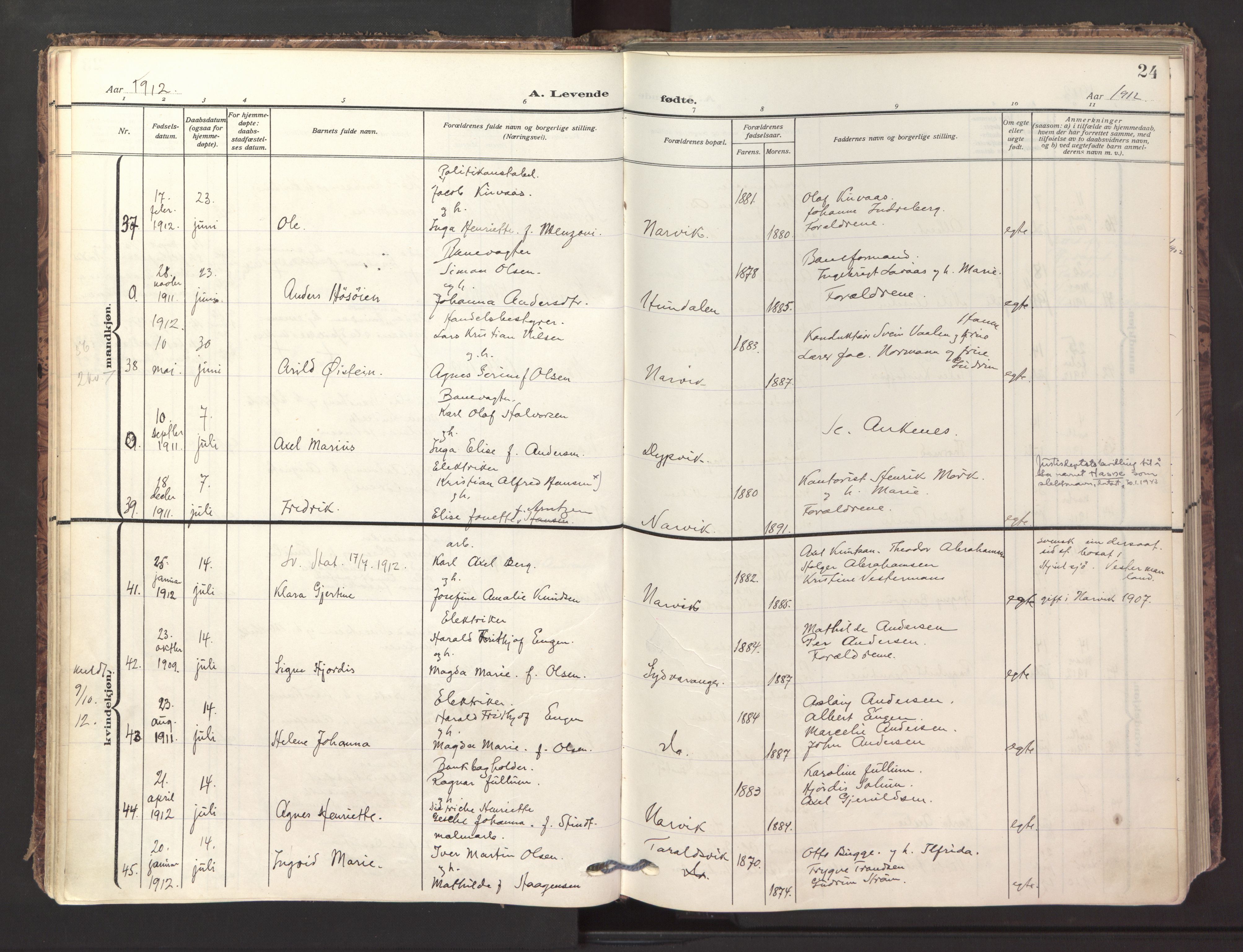 Ministerialprotokoller, klokkerbøker og fødselsregistre - Nordland, AV/SAT-A-1459/871/L1001: Parish register (official) no. 871A17, 1911-1921, p. 24