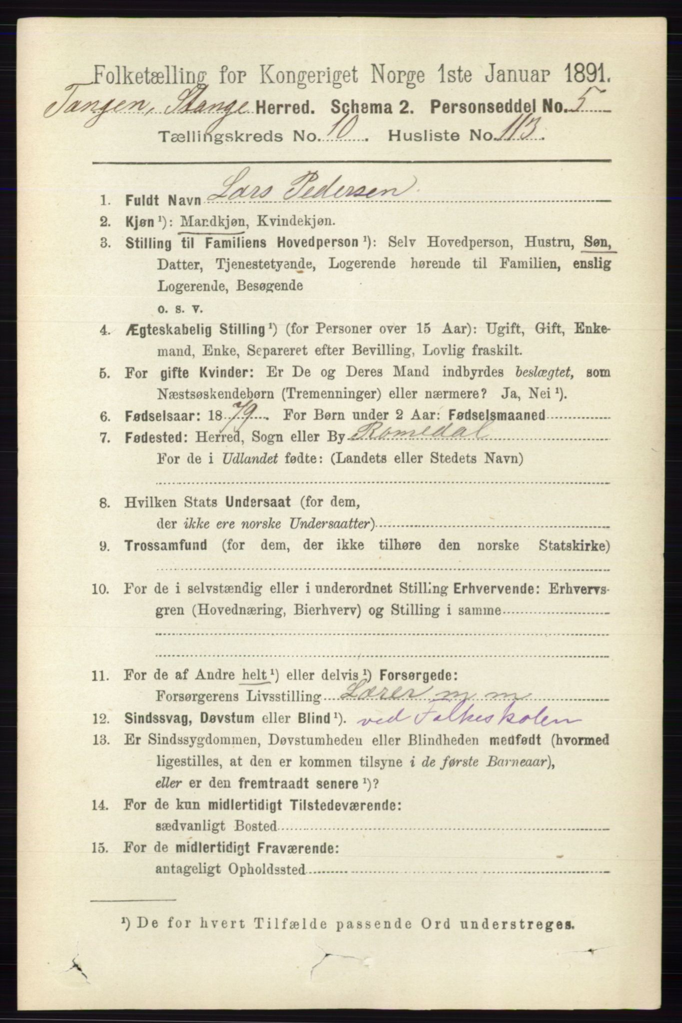 RA, 1891 census for 0417 Stange, 1891, p. 7424