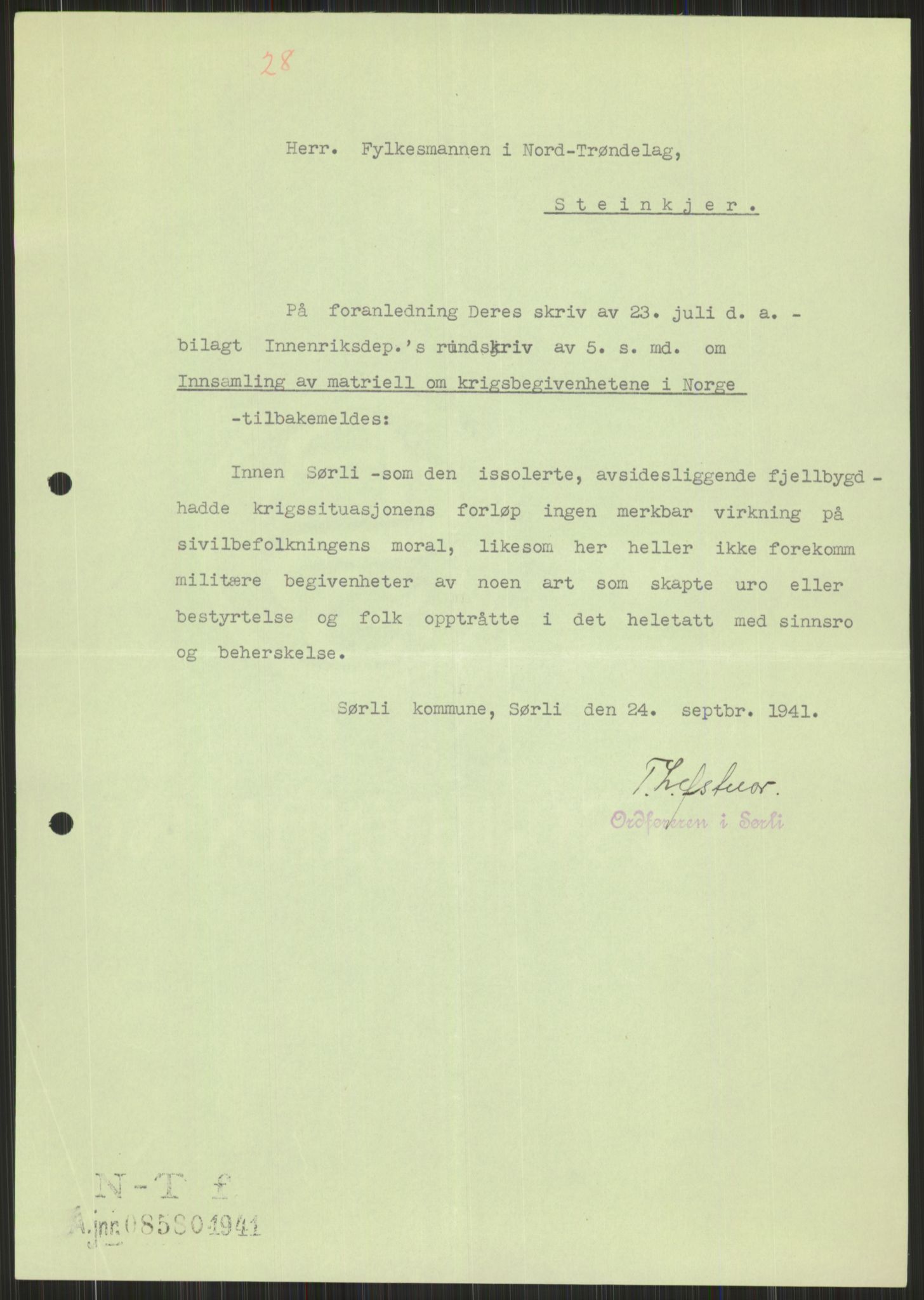 Forsvaret, Forsvarets krigshistoriske avdeling, RA/RAFA-2017/Y/Ya/L0016: II-C-11-31 - Fylkesmenn.  Rapporter om krigsbegivenhetene 1940., 1940, p. 589