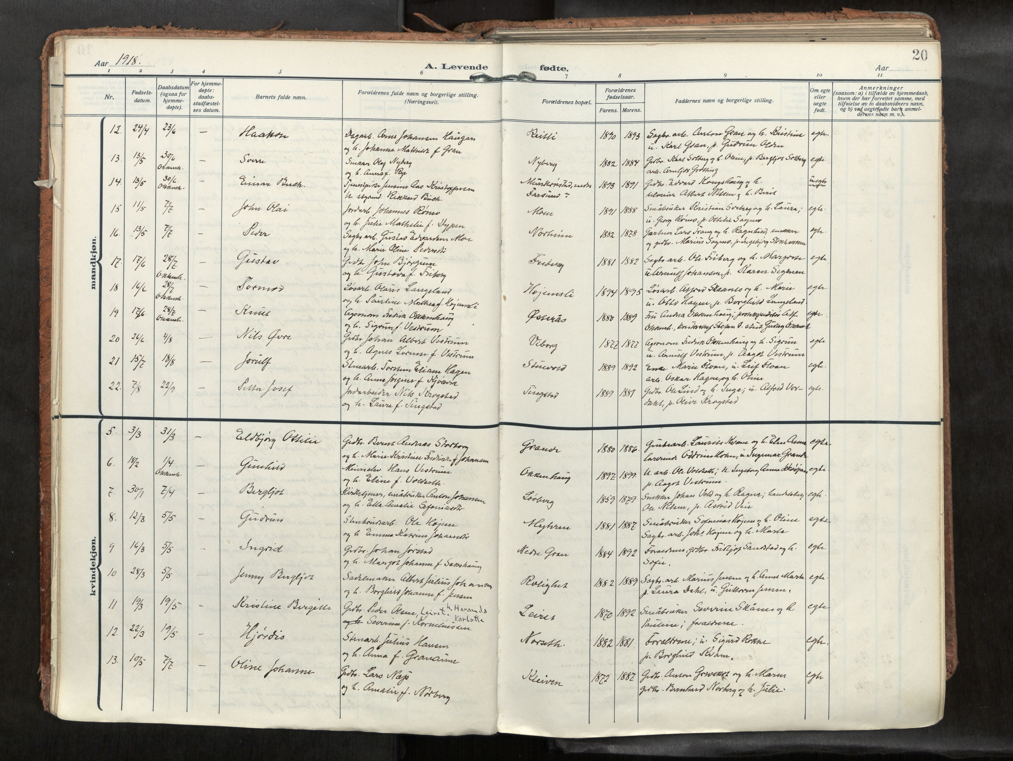 Levanger sokneprestkontor, SAT/A-1301/2/H/Haa/L0002: Parish register (official) no. 2, 1912-1935, p. 20