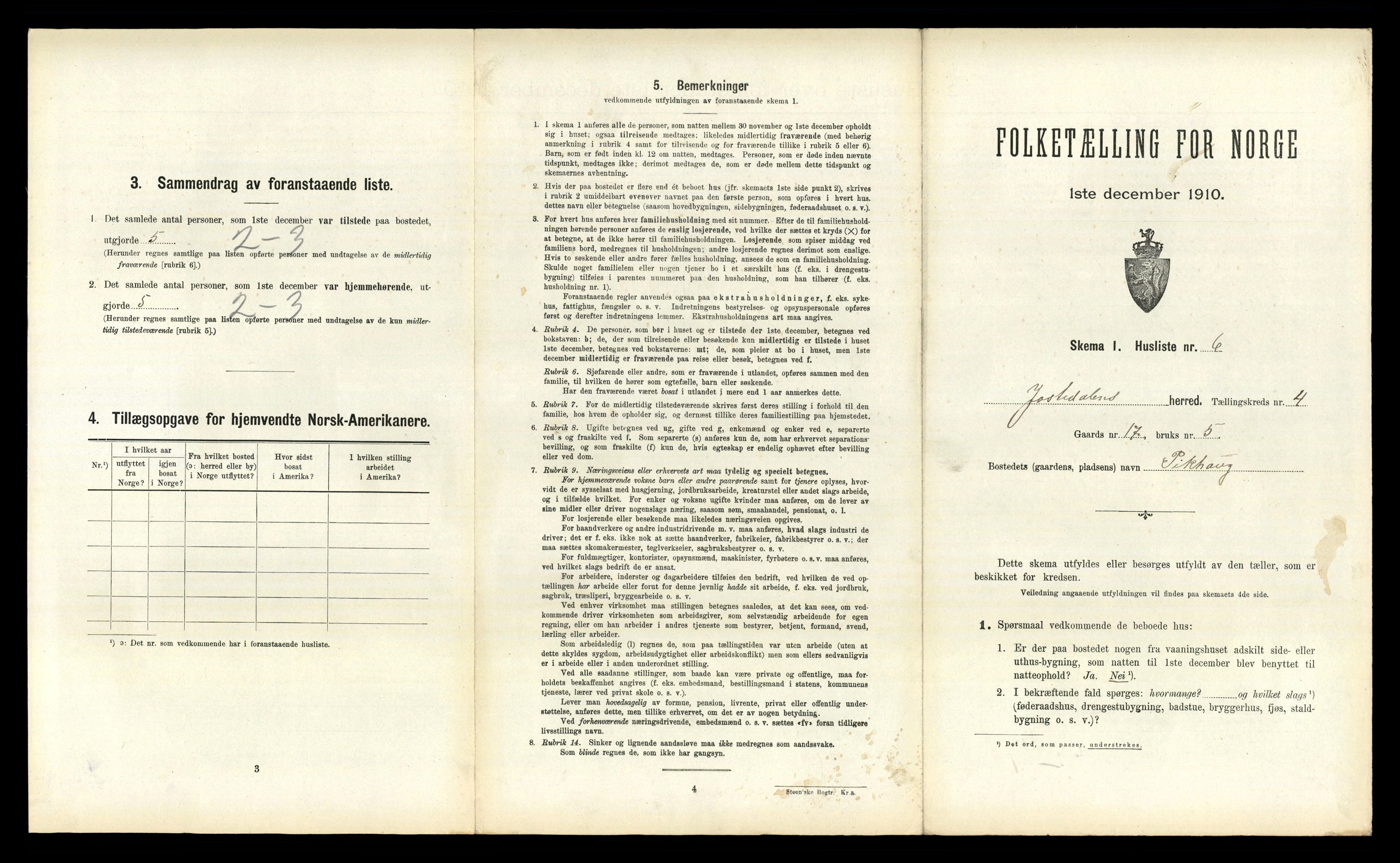 RA, 1910 census for Jostedal, 1910, p. 215