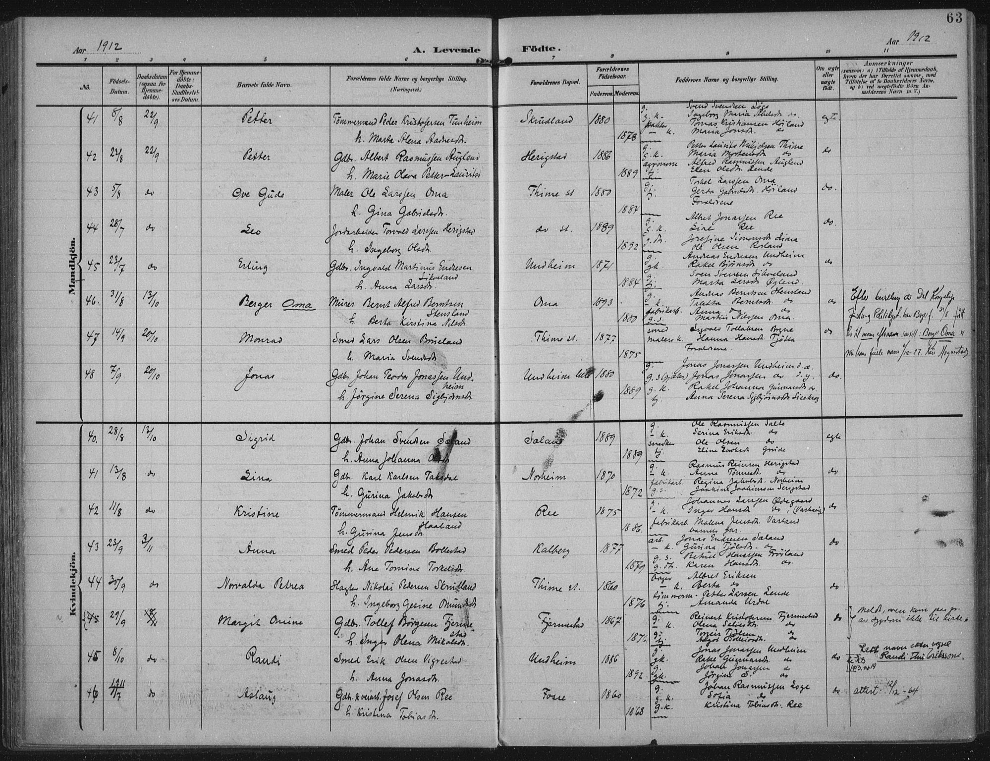 Lye sokneprestkontor, AV/SAST-A-101794/002/A/L0001: Parish register (official) no. A 12, 1904-1920, p. 63