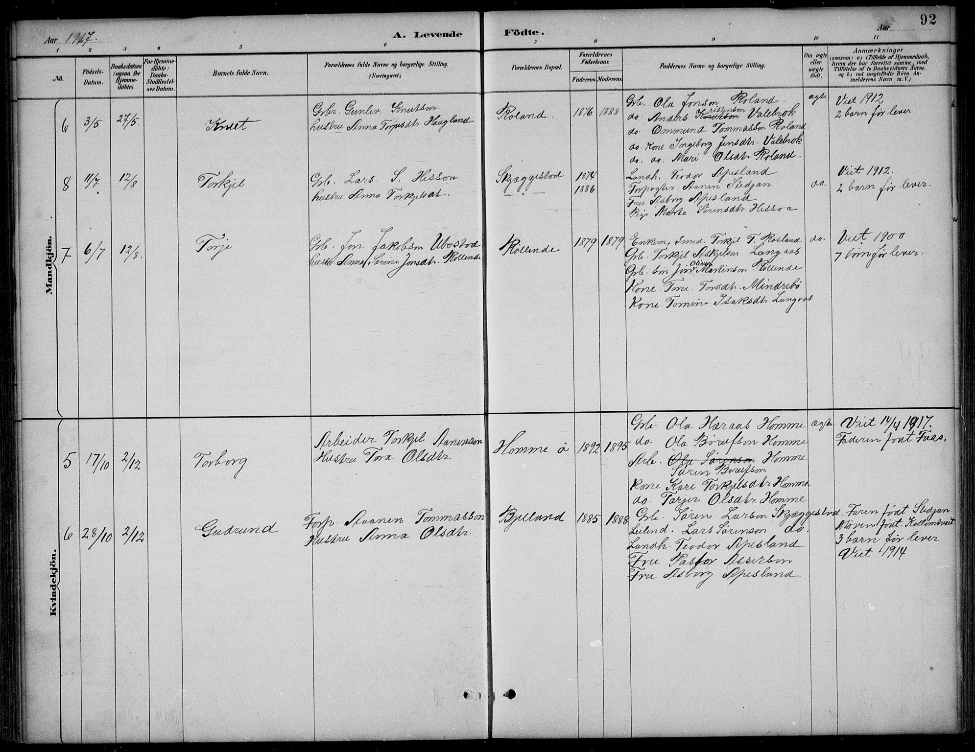 Bjelland sokneprestkontor, AV/SAK-1111-0005/F/Fb/Fba/L0005: Parish register (copy) no. B 5, 1887-1923, p. 92