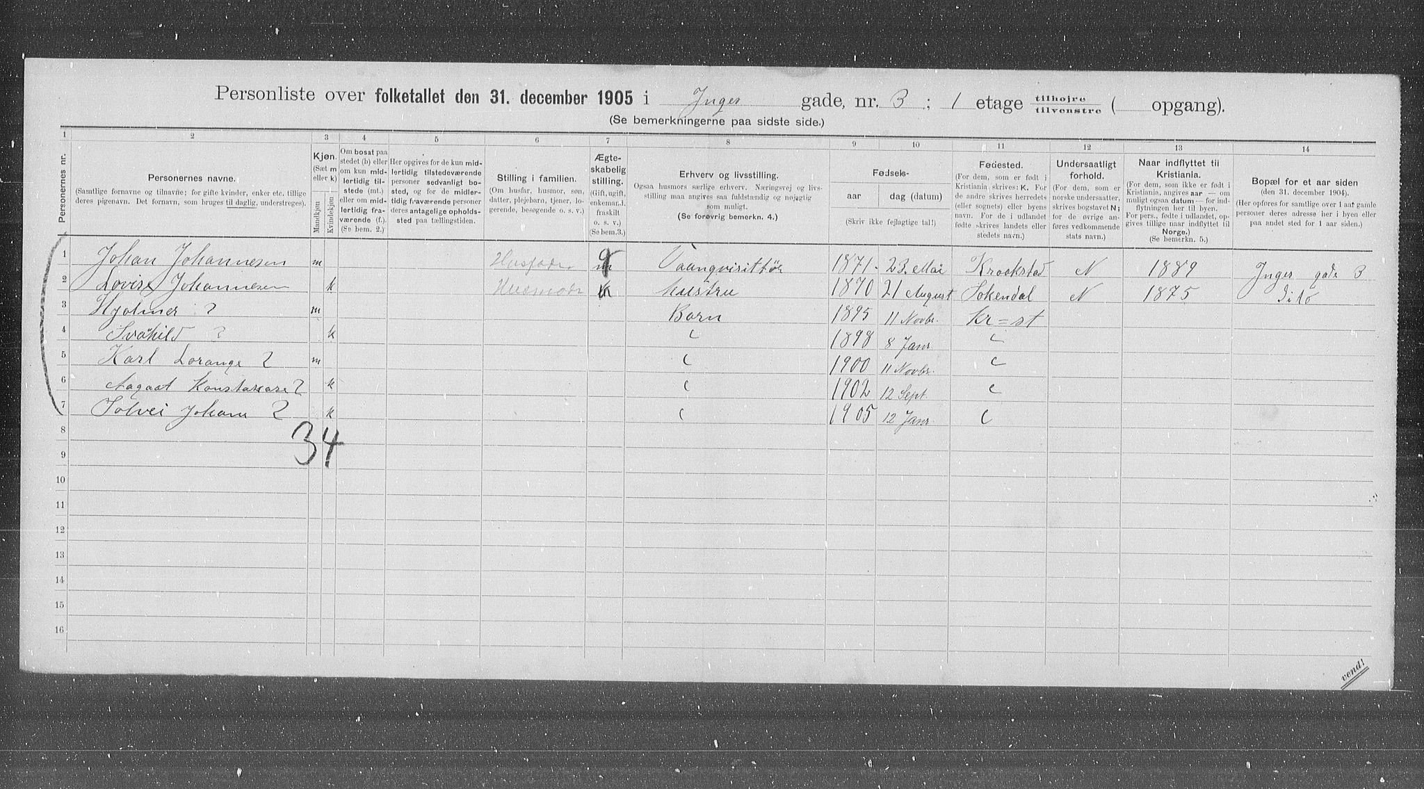 OBA, Municipal Census 1905 for Kristiania, 1905, p. 23134