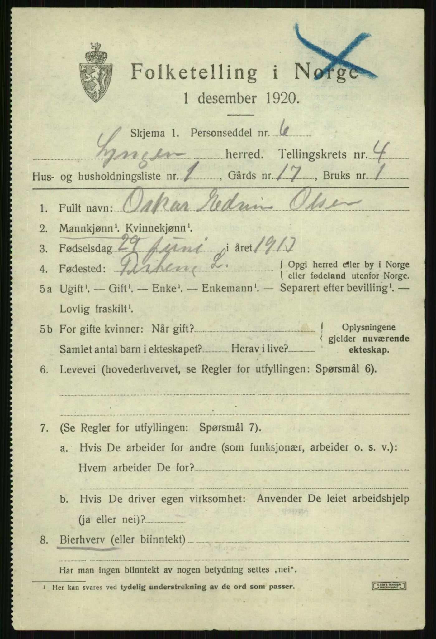 SATØ, 1920 census for Lyngen, 1920, p. 4033