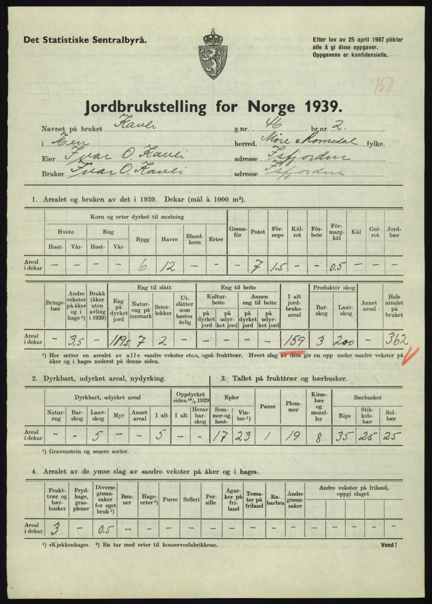 Statistisk sentralbyrå, Næringsøkonomiske emner, Jordbruk, skogbruk, jakt, fiske og fangst, AV/RA-S-2234/G/Gb/L0251: Møre og Romsdal: Voll, Eid, Grytten og Hen, 1939, p. 1415