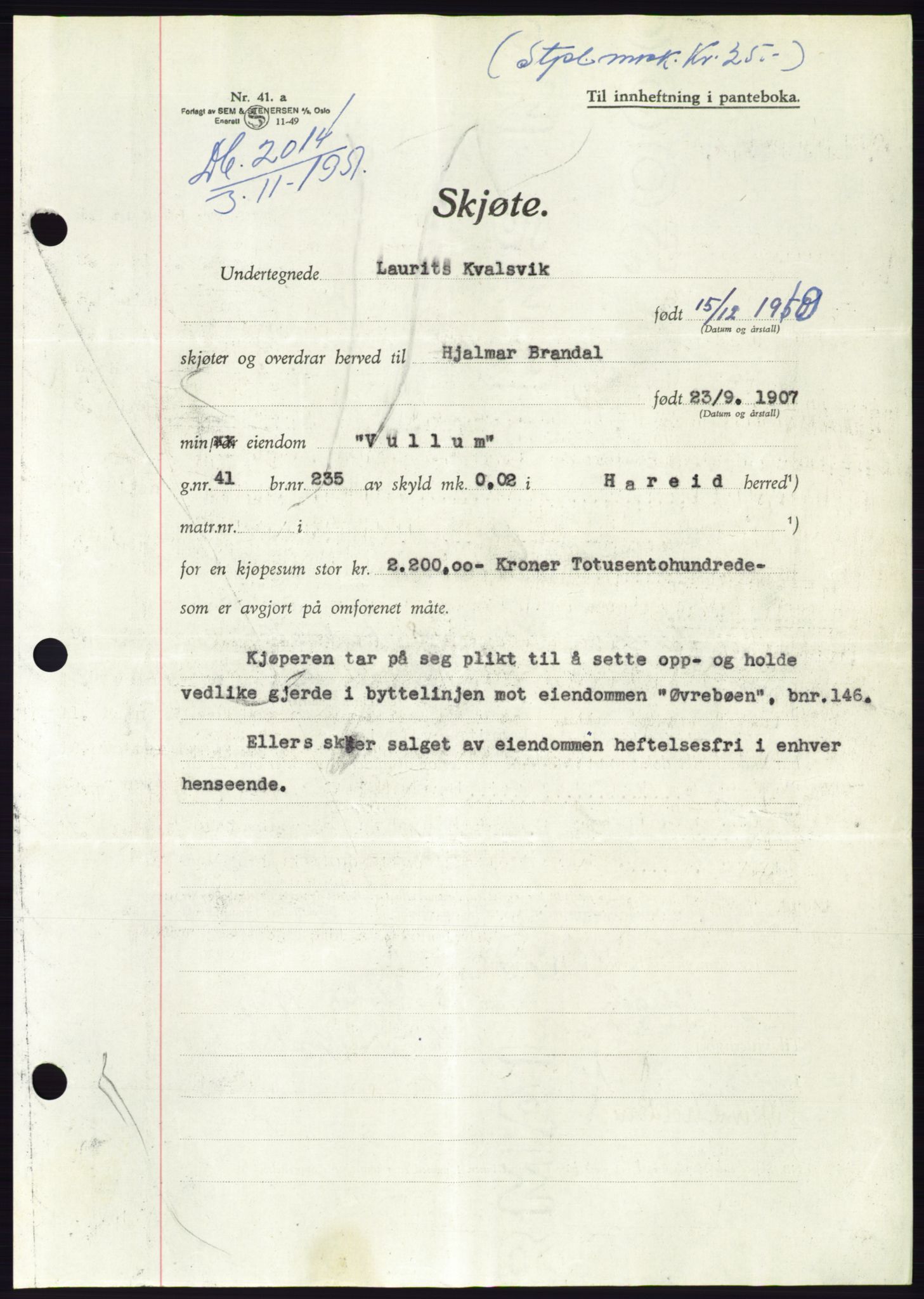 Søre Sunnmøre sorenskriveri, AV/SAT-A-4122/1/2/2C/L0090: Mortgage book no. 16A, 1951-1951, Diary no: : 2014/1951