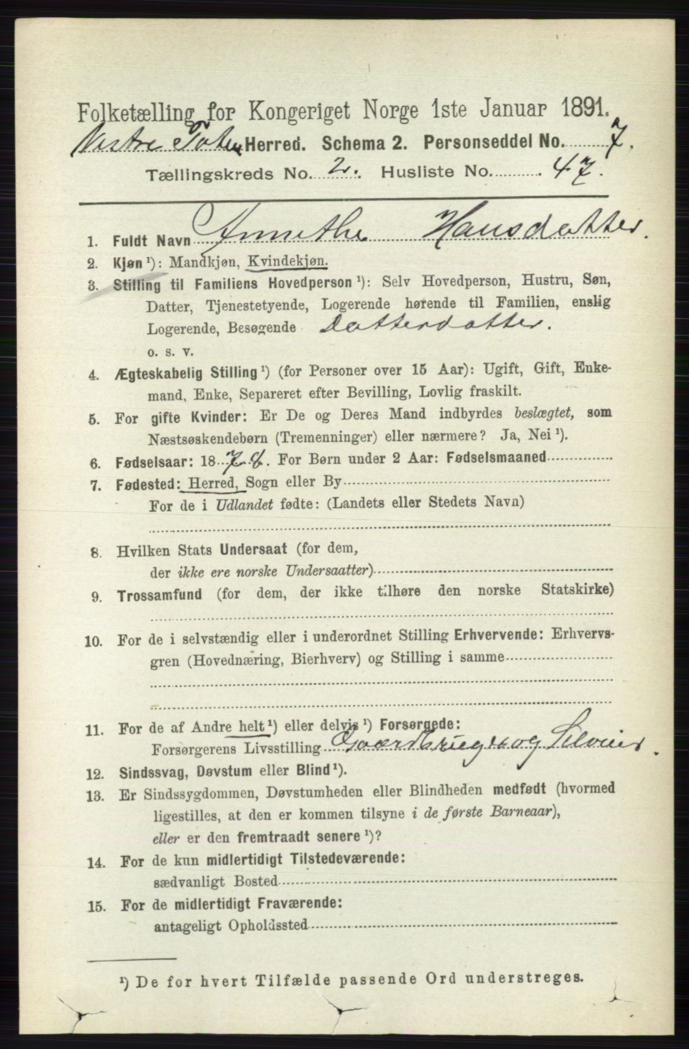 RA, 1891 census for 0529 Vestre Toten, 1891, p. 1706