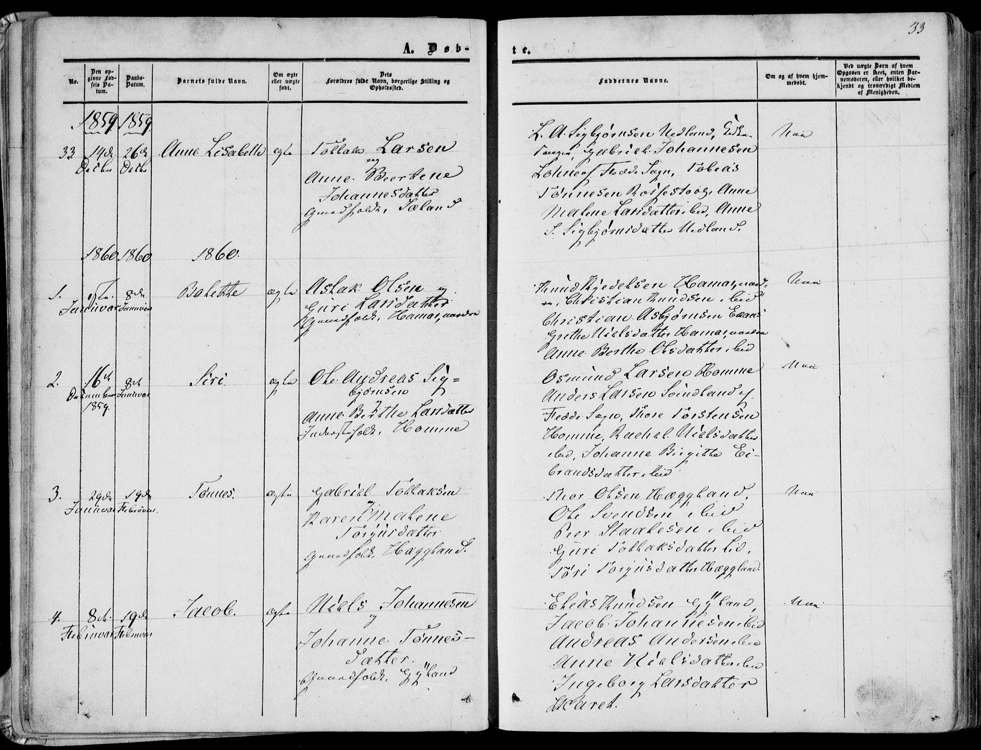Bakke sokneprestkontor, SAK/1111-0002/F/Fa/Fab/L0002: Parish register (official) no. A 2, 1855-1884, p. 33