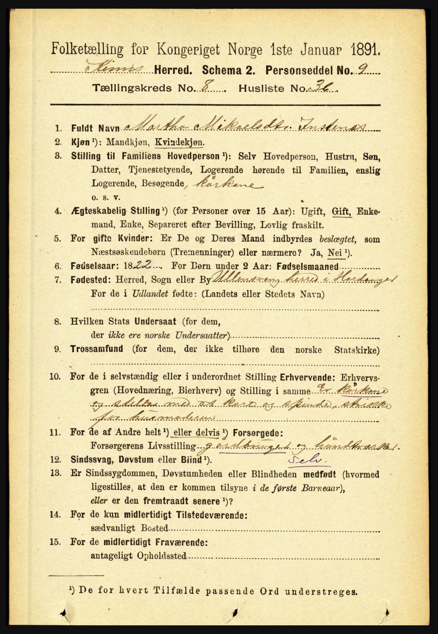 RA, 1891 census for 1437 Kinn, 1891, p. 3345