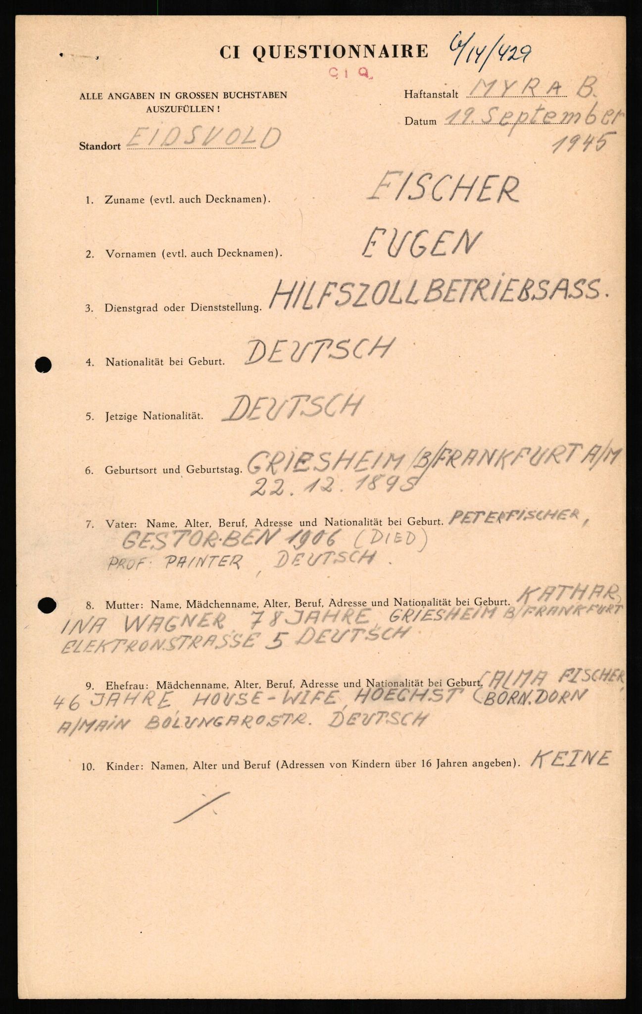 Forsvaret, Forsvarets overkommando II, AV/RA-RAFA-3915/D/Db/L0008: CI Questionaires. Tyske okkupasjonsstyrker i Norge. Tyskere., 1945-1946, p. 123