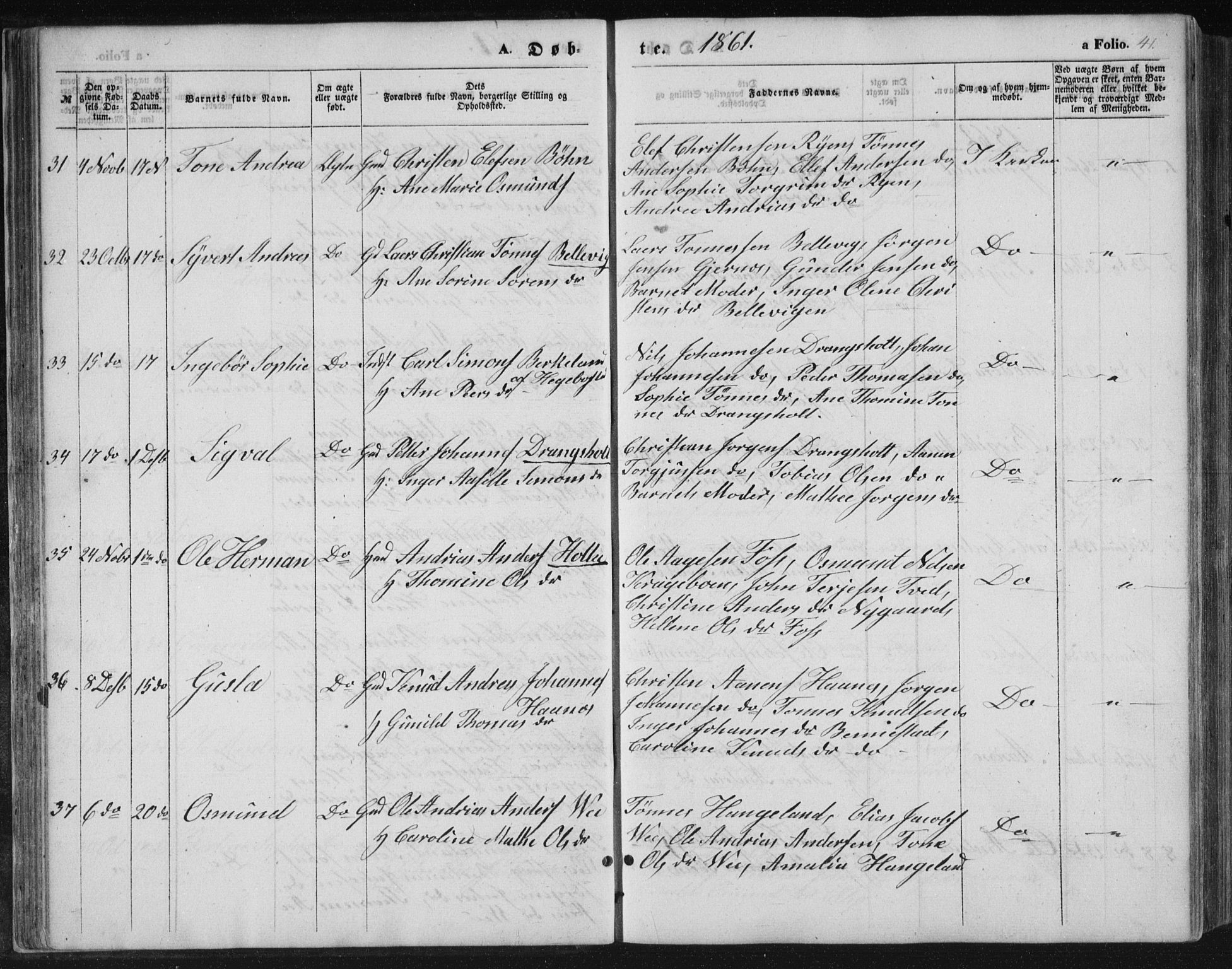 Tveit sokneprestkontor, AV/SAK-1111-0043/F/Fb/L0003: Parish register (copy) no. B 3, 1854-1886, p. 41