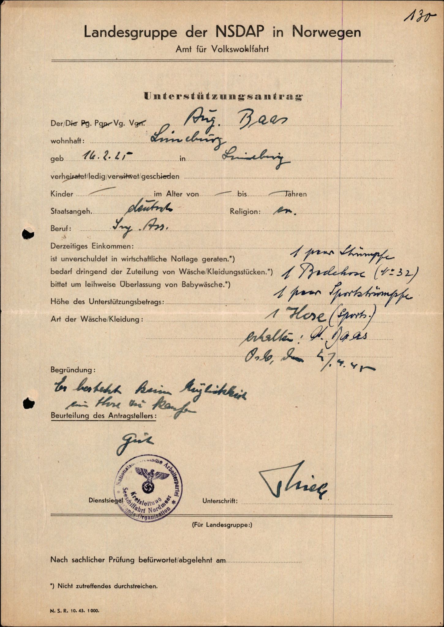 Forsvarets Overkommando. 2 kontor. Arkiv 11.4. Spredte tyske arkivsaker, AV/RA-RAFA-7031/D/Dar/Darb/L0015: Reichskommissariat - NSDAP in Norwegen, 1938-1945, p. 701