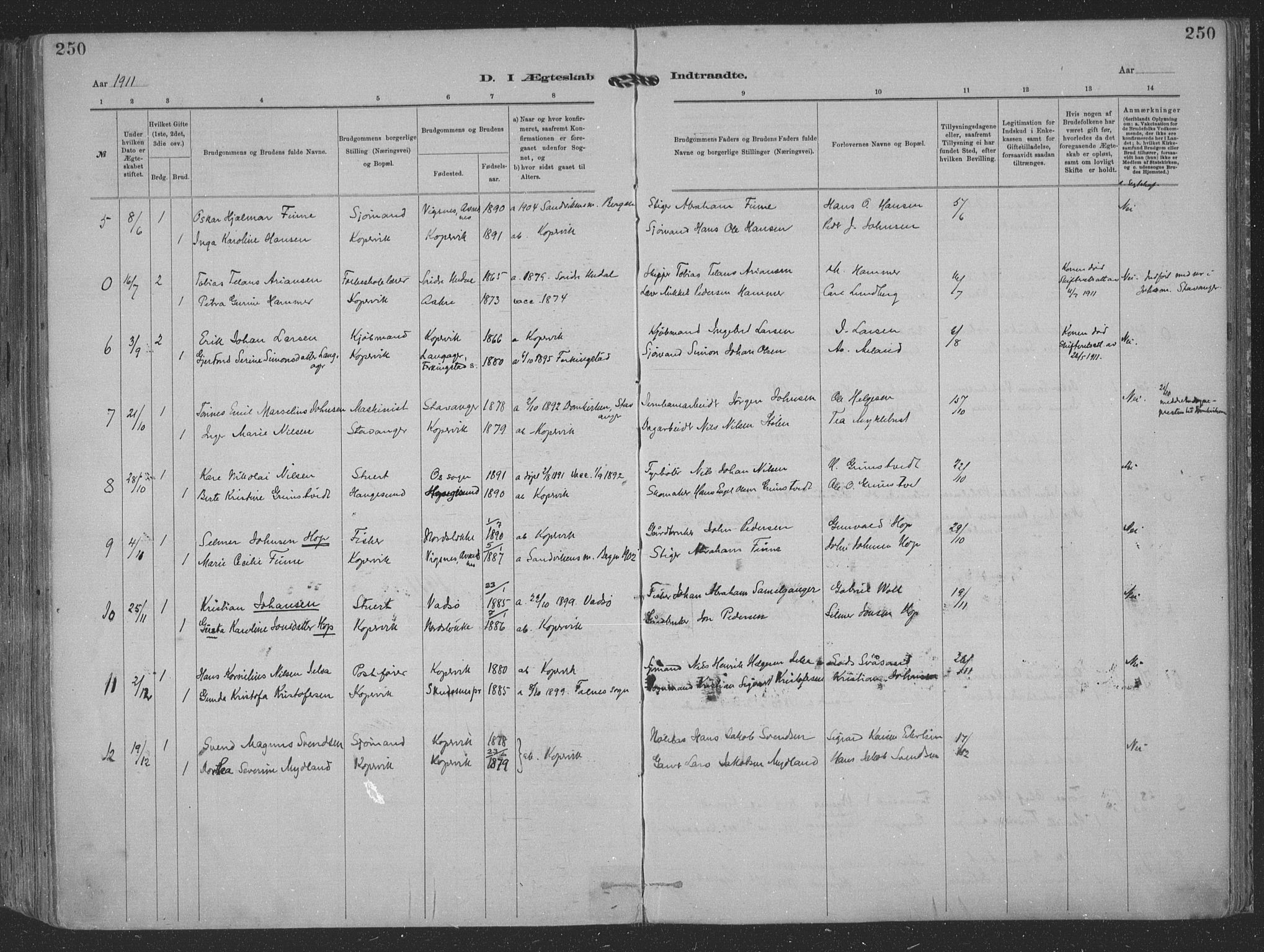 Kopervik sokneprestkontor, AV/SAST-A-101850/H/Ha/Haa/L0001: Parish register (official) no. A 1, 1880-1919, p. 250