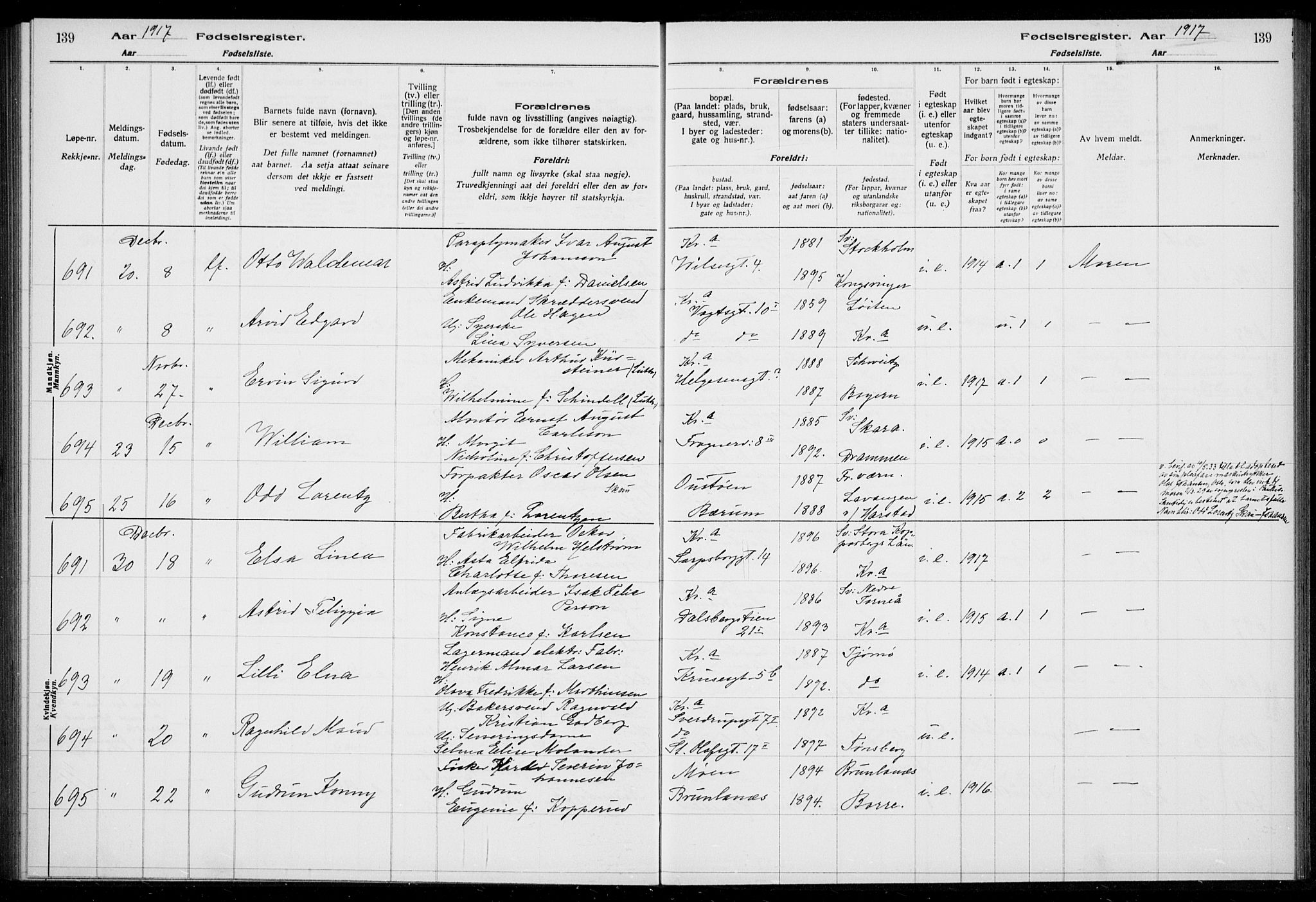 Rikshospitalet prestekontor Kirkebøker, AV/SAO-A-10309b/J/L0002: Birth register no. 2, 1917-1917, p. 139