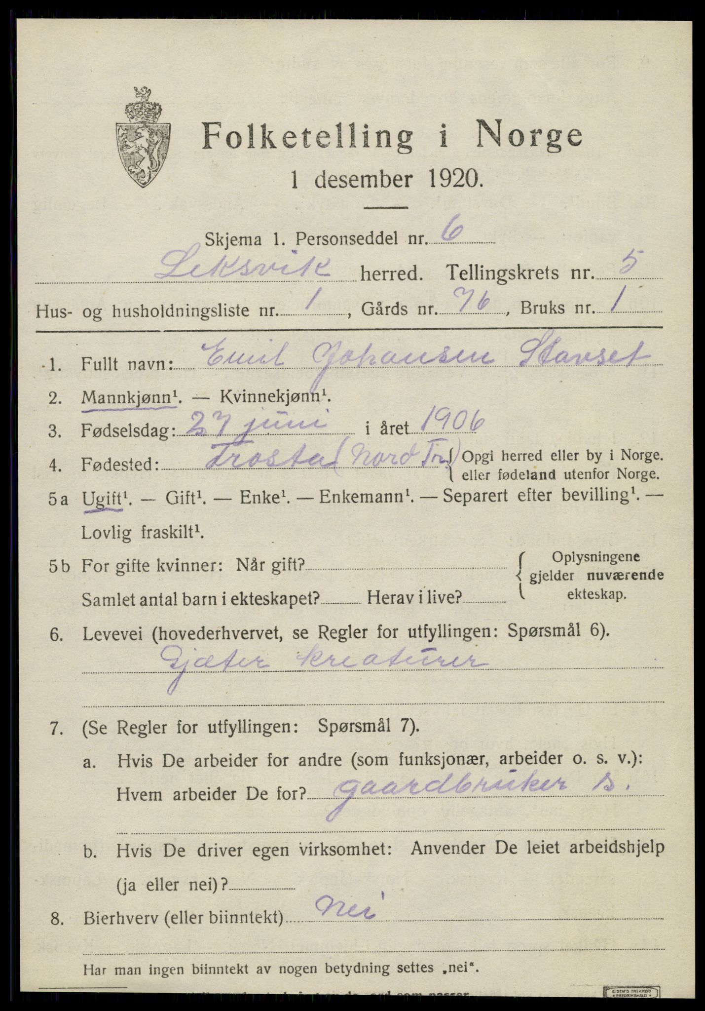 SAT, 1920 census for Leksvik, 1920, p. 4826