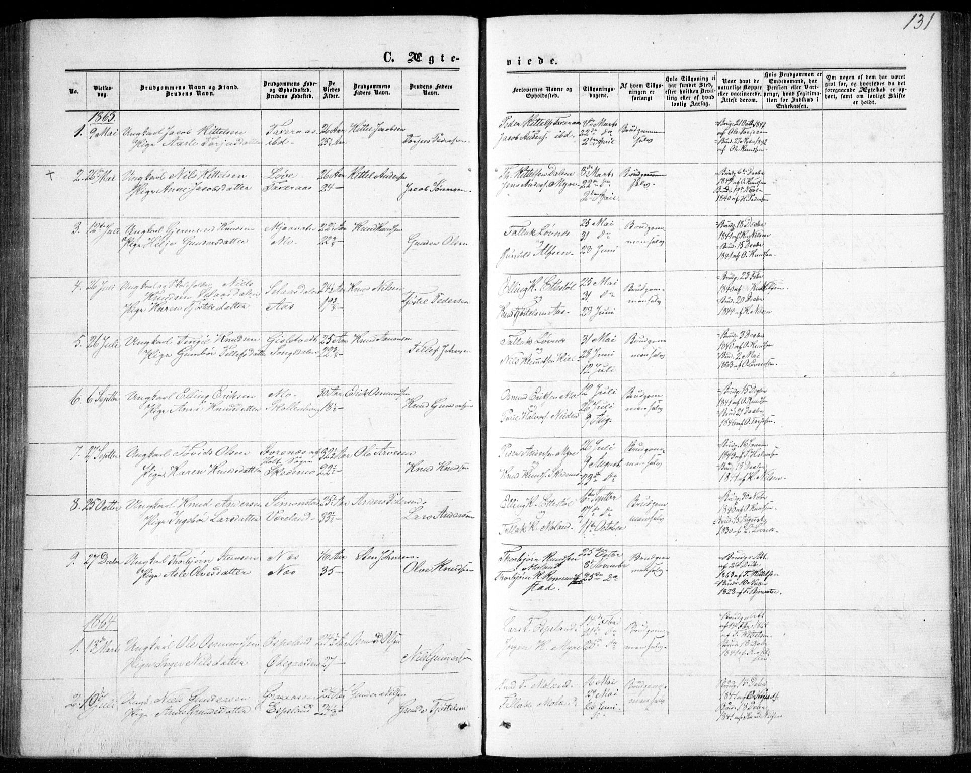 Gjerstad sokneprestkontor, SAK/1111-0014/F/Fb/Fbb/L0003: Parish register (copy) no. B 3, 1862-1889, p. 131