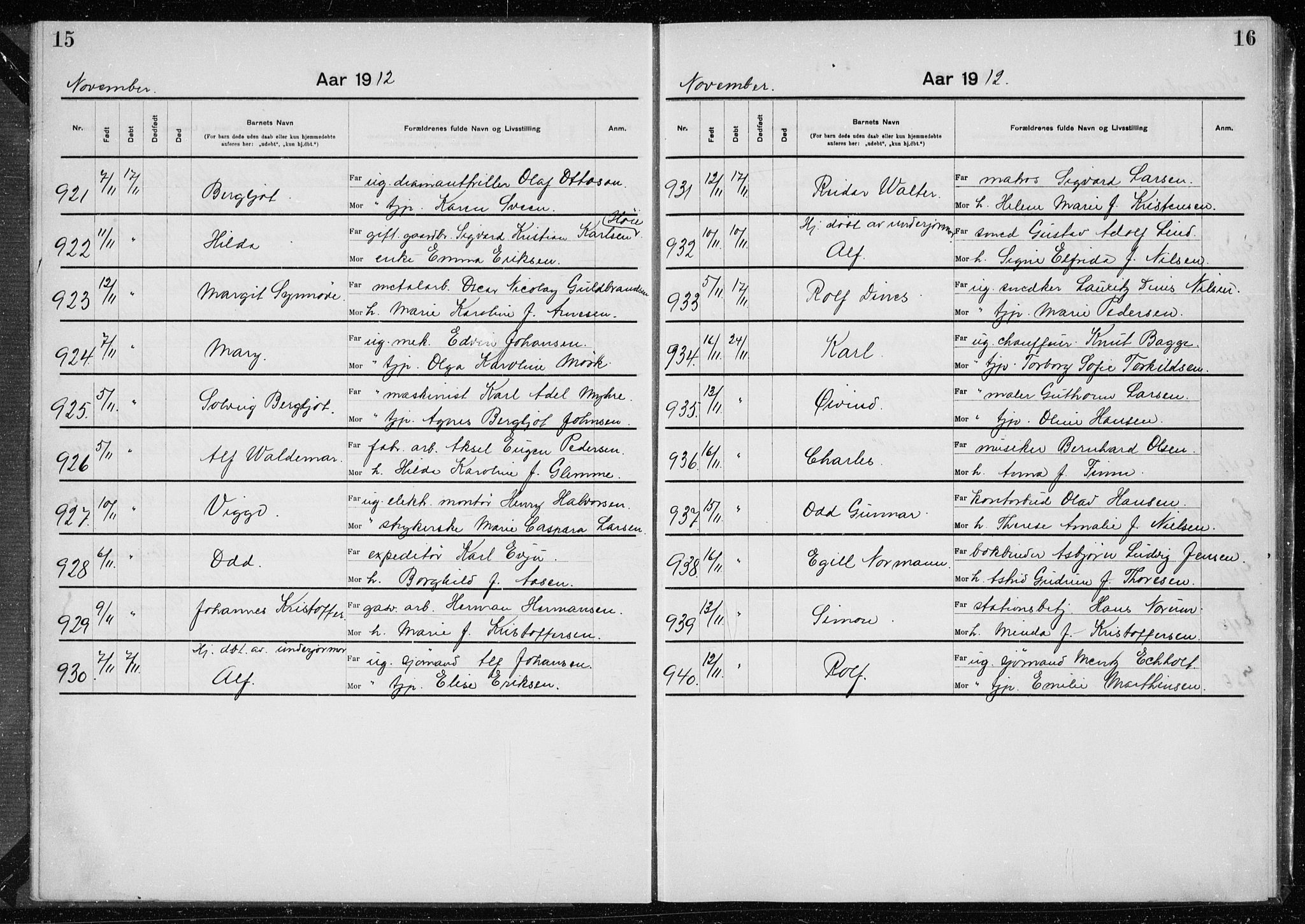 Rikshospitalet prestekontor Kirkebøker, AV/SAO-A-10309b/K/L0007/0002: Baptism register no. 7.2, 1912-1914, p. 15-16