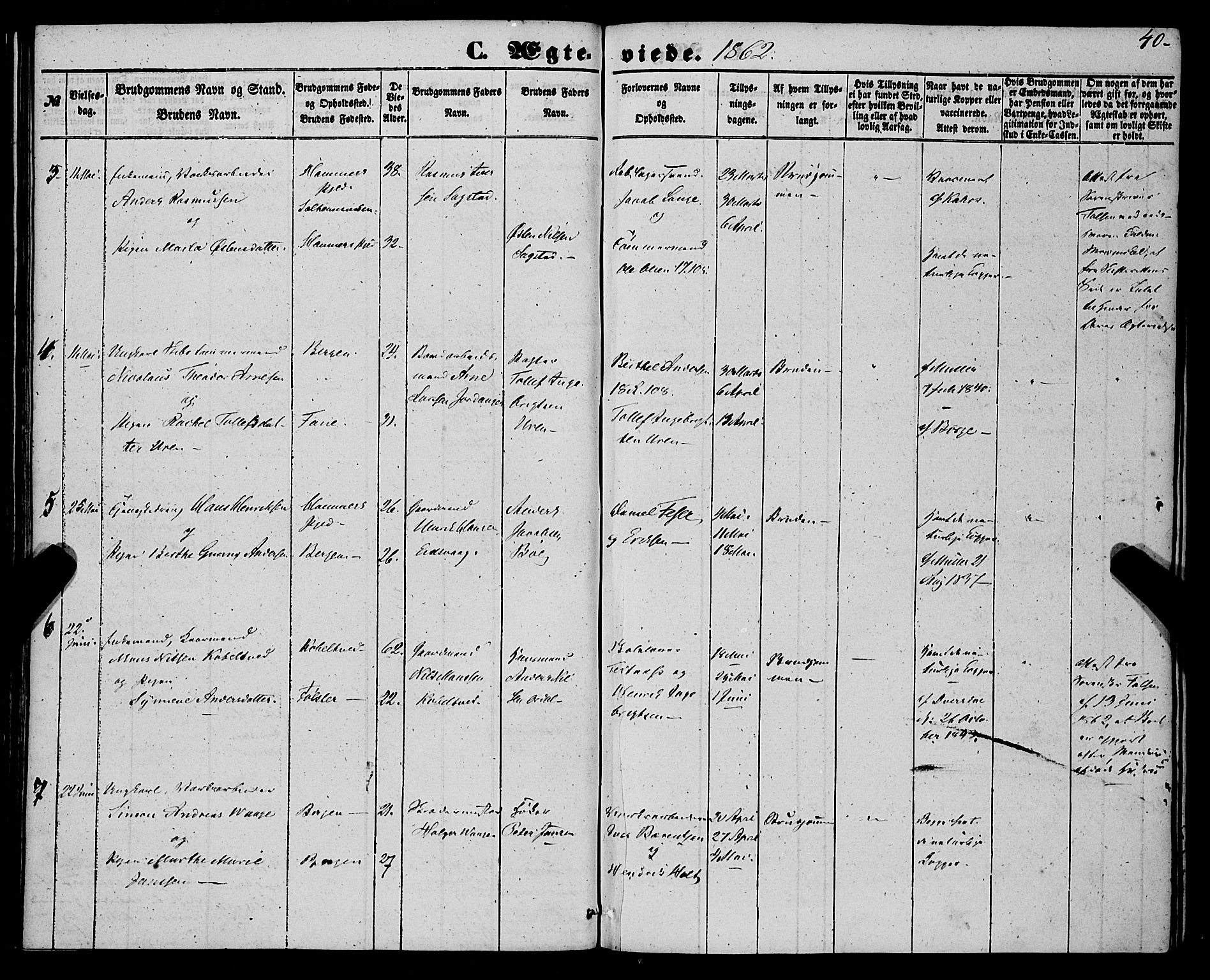 St. Jørgens hospital og Årstad sokneprestembete, SAB/A-99934: Parish register (official) no. A 9, 1853-1878, p. 40