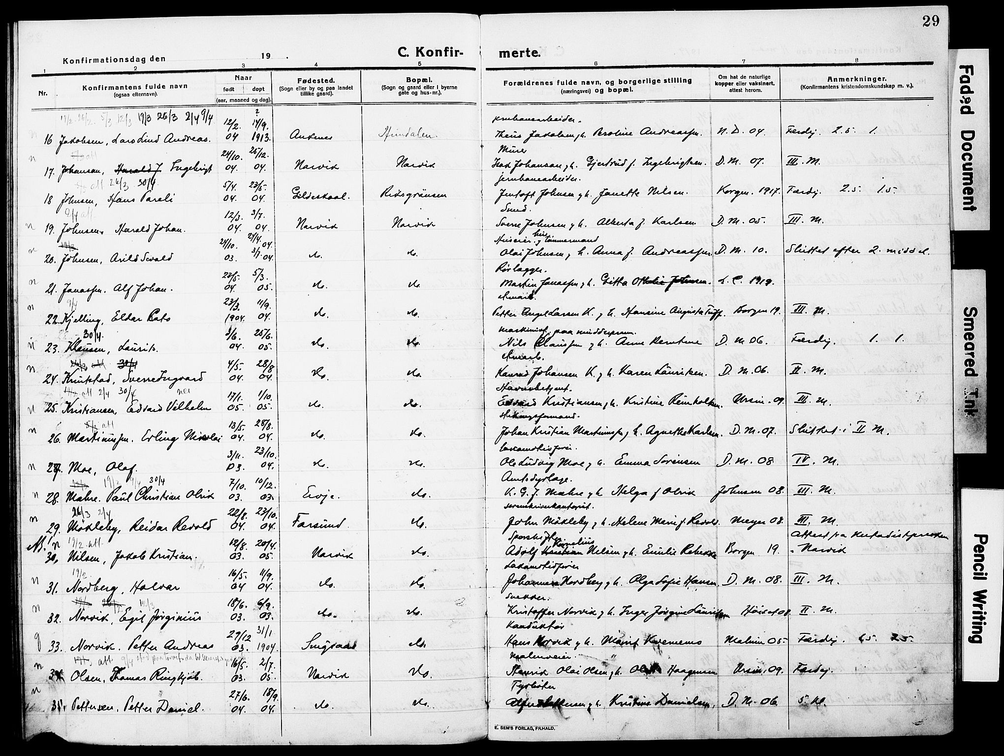 Ministerialprotokoller, klokkerbøker og fødselsregistre - Nordland, AV/SAT-A-1459/871/L0989: Parish register (official) no. 871A05, 1915-1922, p. 29