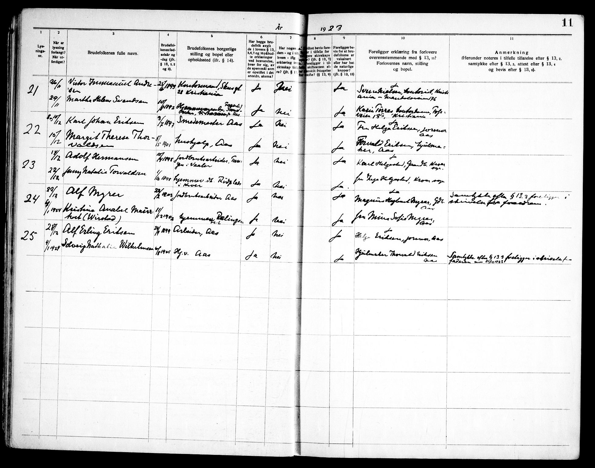 Ås prestekontor Kirkebøker, AV/SAO-A-10894/H/Ha/L0001: Banns register no. 1, 1919-1946, p. 11