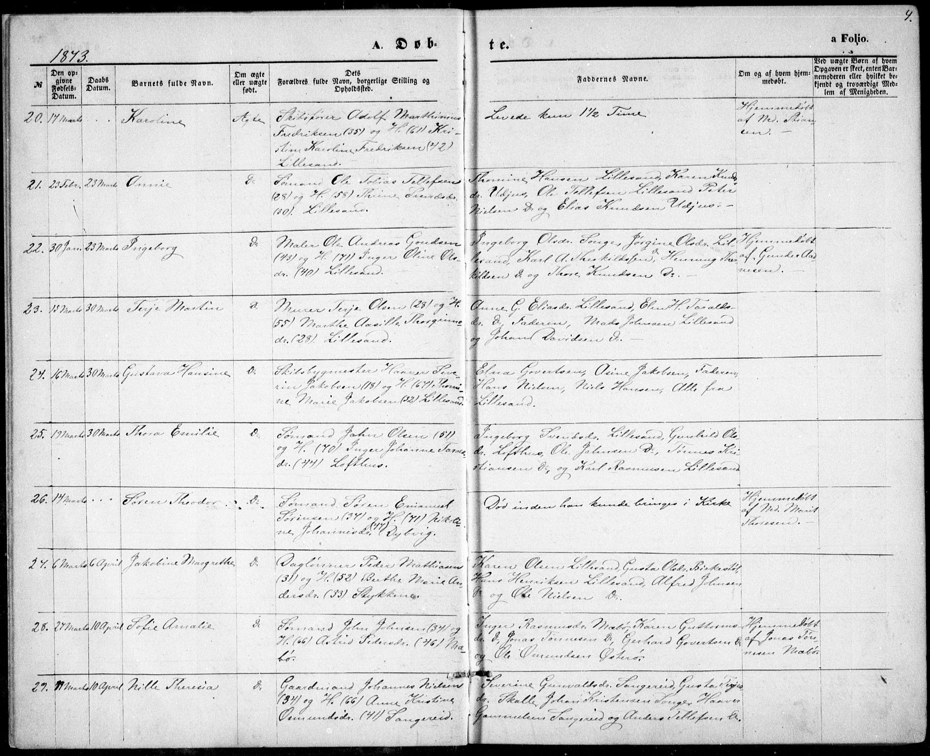 Vestre Moland sokneprestkontor, AV/SAK-1111-0046/F/Fb/Fbb/L0005: Parish register (copy) no. B 5, 1872-1883, p. 4