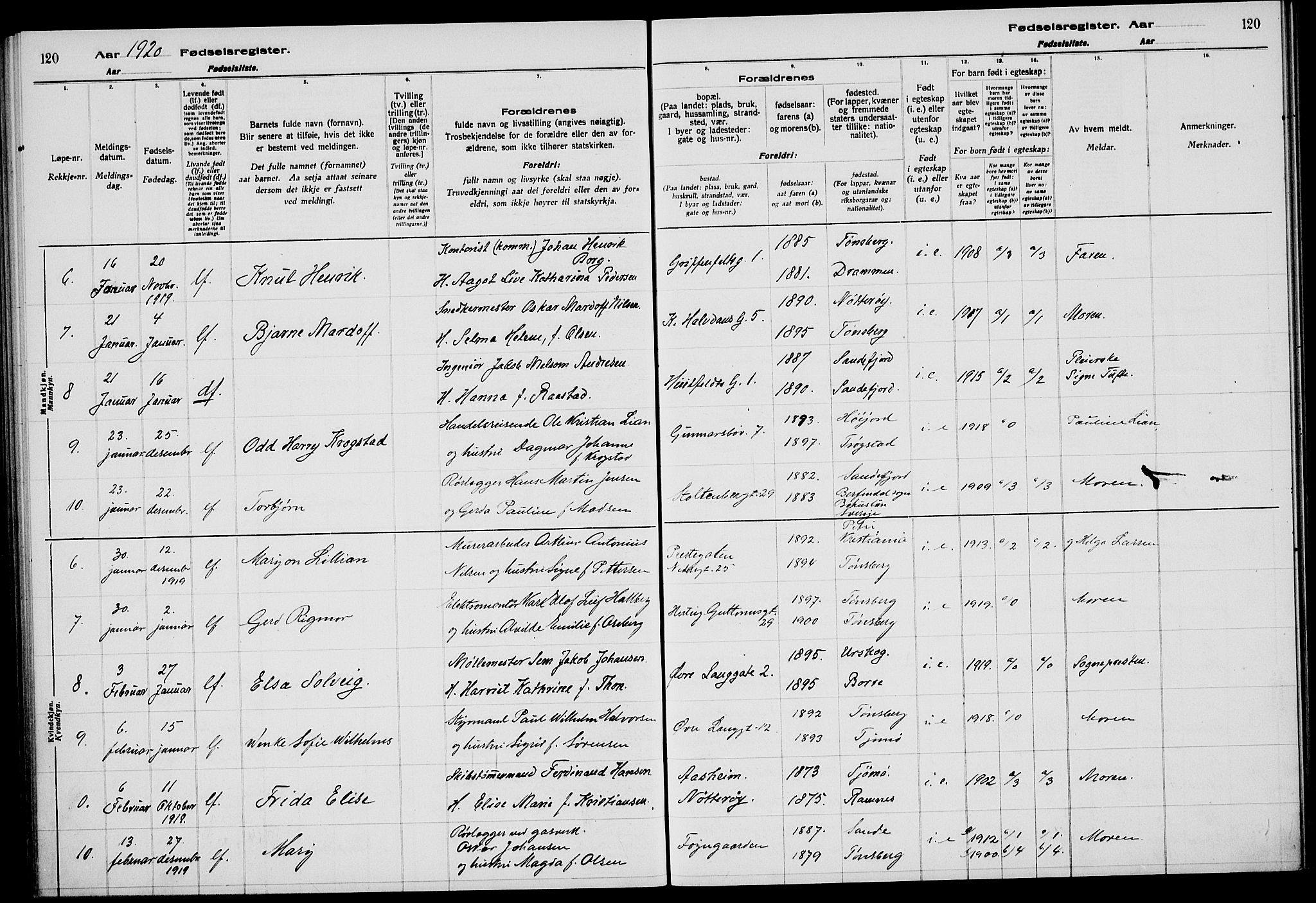 Tønsberg kirkebøker, AV/SAKO-A-330/J/Ja/L0001: Birth register no. 1, 1916-1922, p. 120