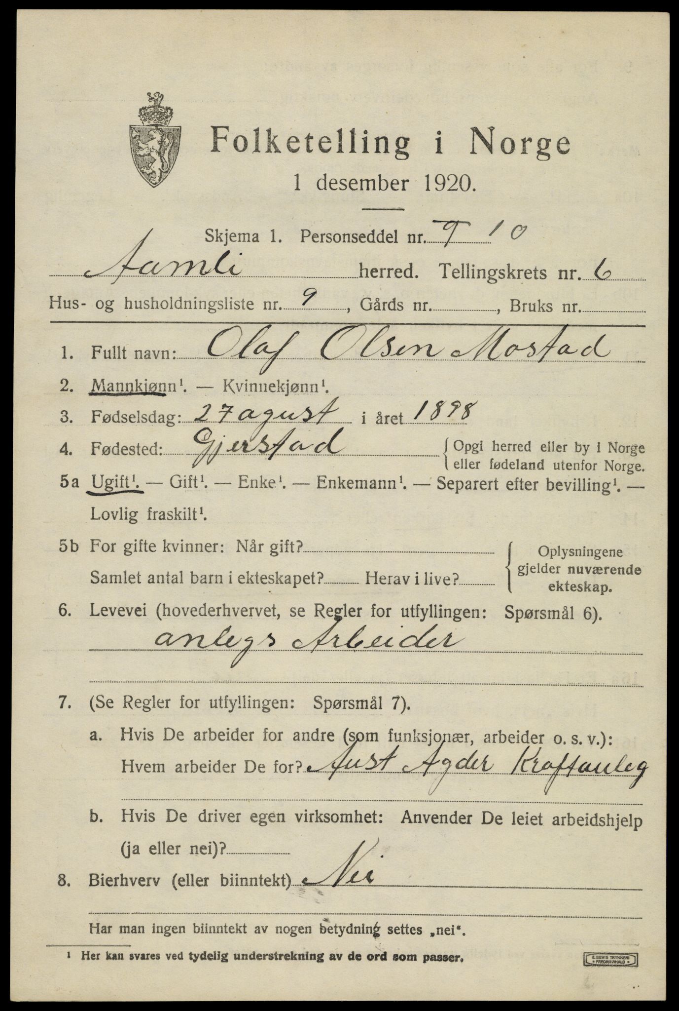 SAK, 1920 census for Åmli, 1920, p. 2729