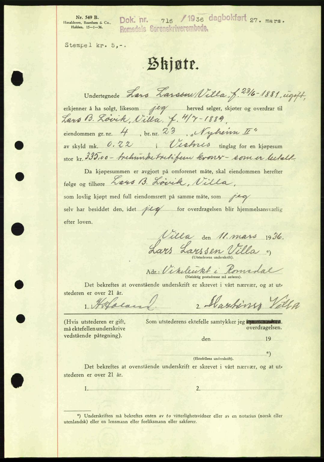 Romsdal sorenskriveri, AV/SAT-A-4149/1/2/2C: Mortgage book no. A1, 1936-1936, Diary no: : 716/1936