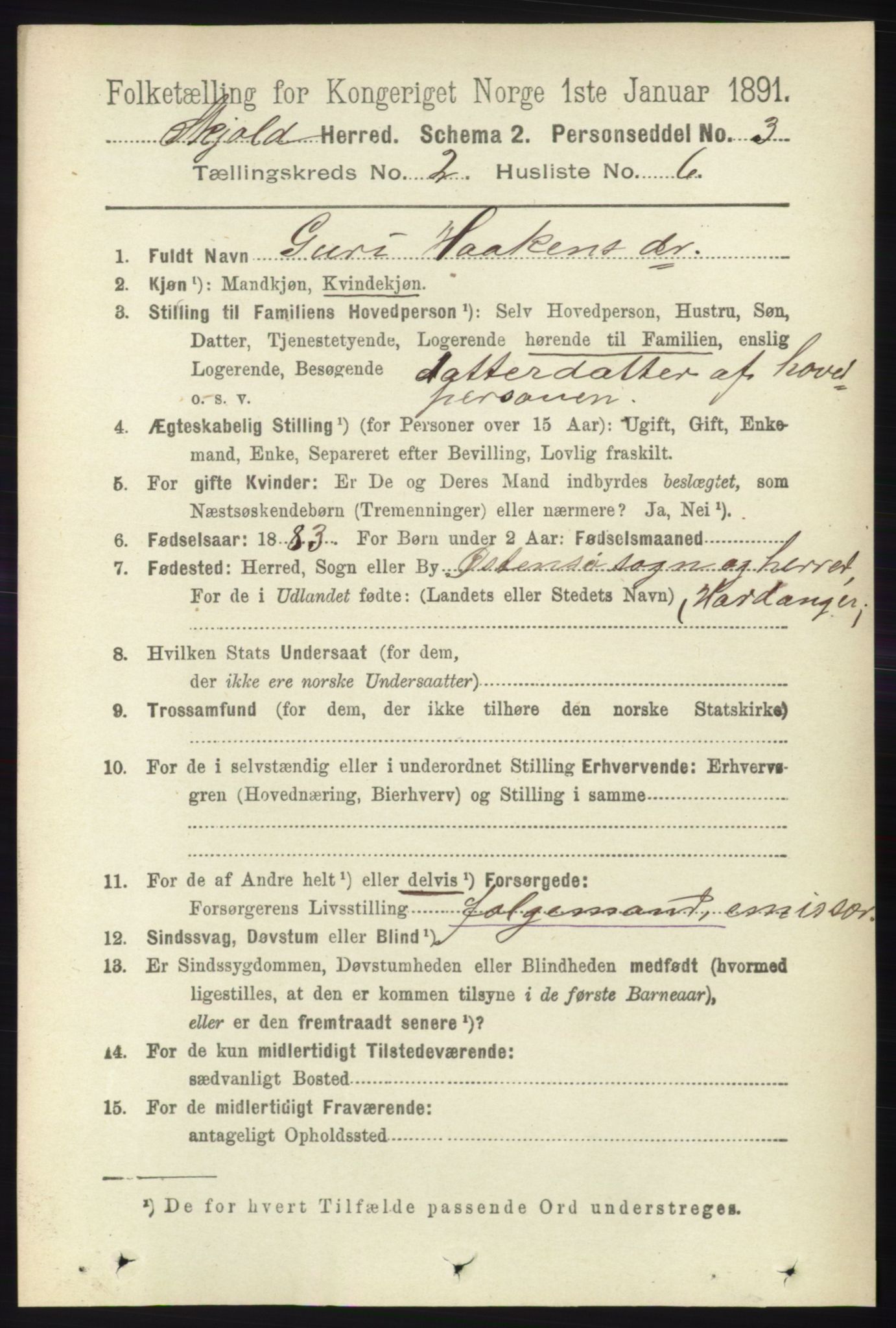 RA, 1891 census for 1154 Skjold, 1891, p. 313