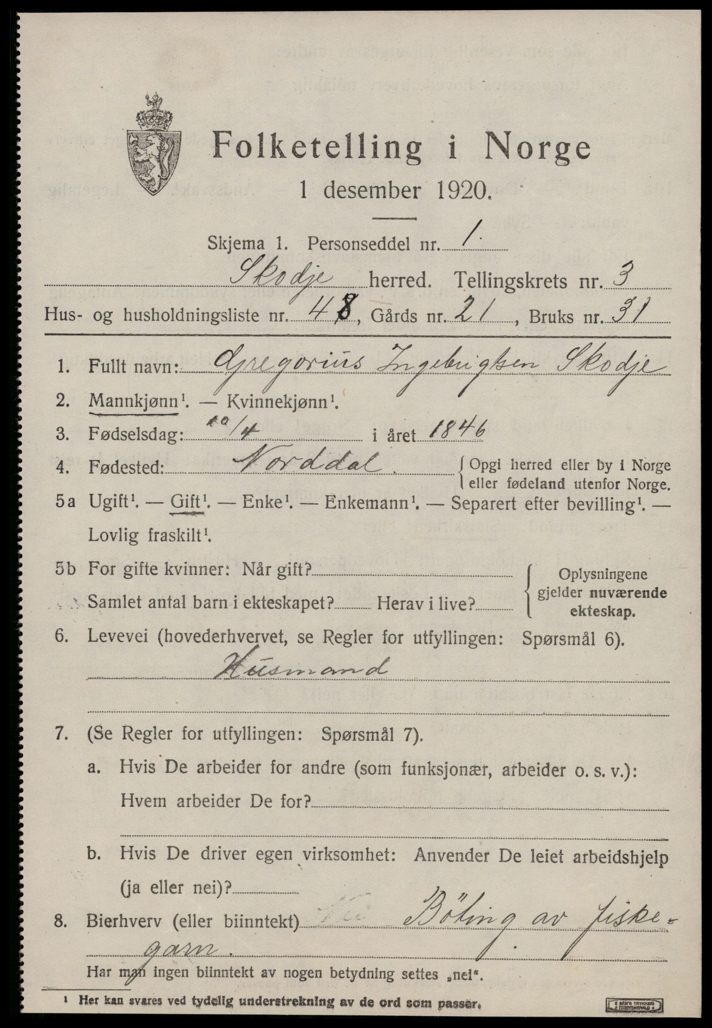 SAT, 1920 census for Skodje, 1920, p. 1815