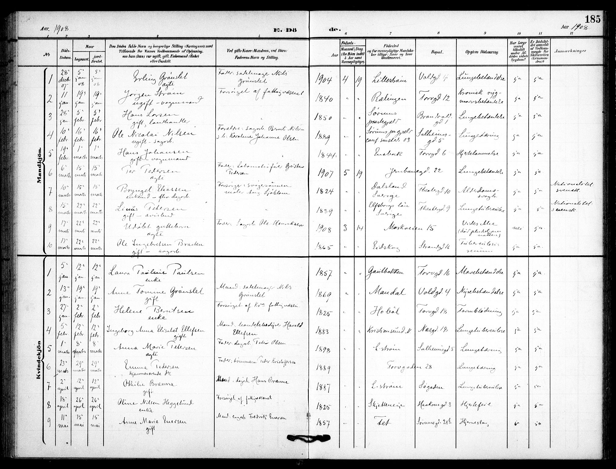 Skedsmo prestekontor Kirkebøker, SAO/A-10033a/F/Fc/L0001: Parish register (official) no. III 1, 1908-1916, p. 185