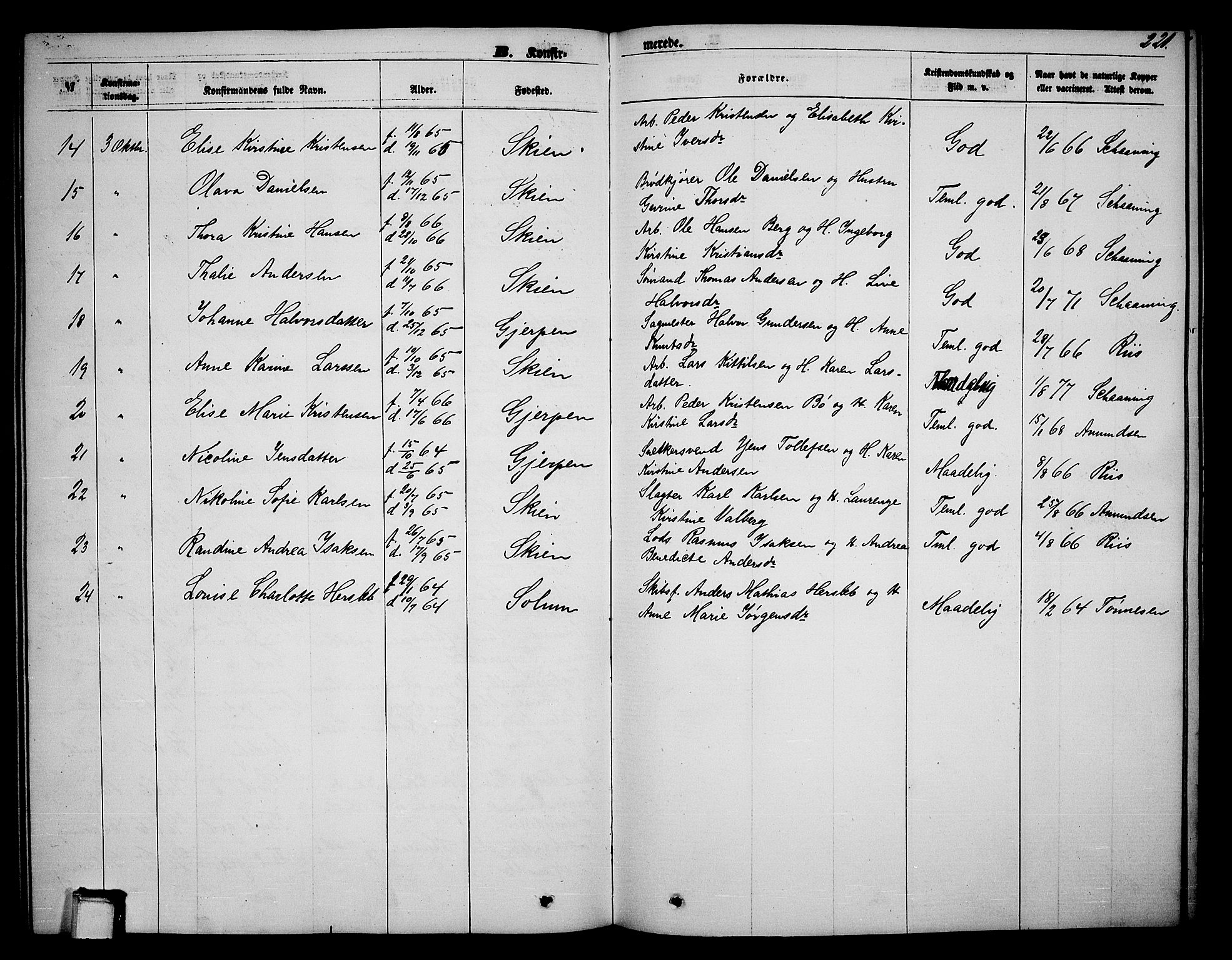 Skien kirkebøker, SAKO/A-302/G/Ga/L0005: Parish register (copy) no. 5, 1868-1880, p. 221