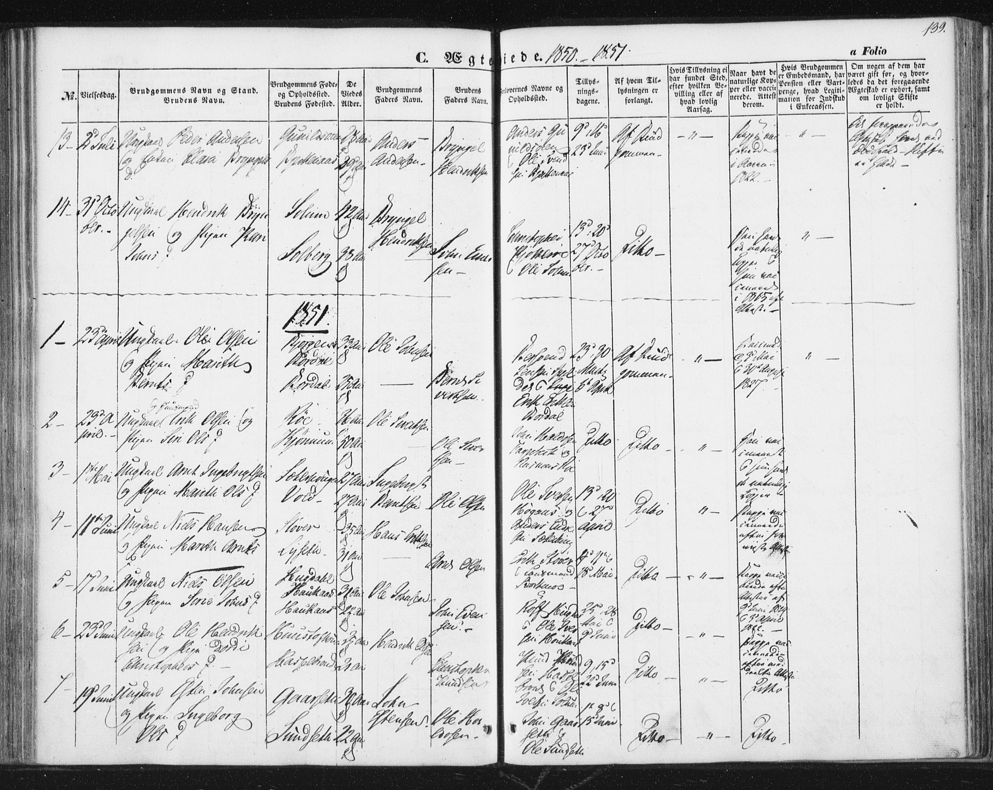 Ministerialprotokoller, klokkerbøker og fødselsregistre - Sør-Trøndelag, SAT/A-1456/689/L1038: Parish register (official) no. 689A03, 1848-1872, p. 139
