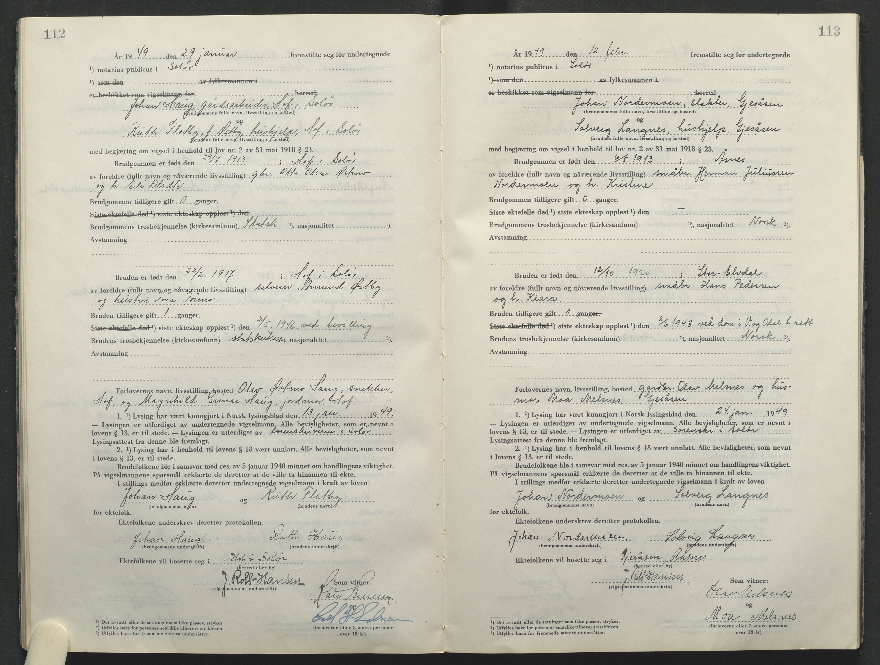 Solør tingrett, AV/SAH-TING-008/L/Lb/L0003/0001: Vigselprotokoll / Vigselprotokoll, 1944-1961, p. 112-113