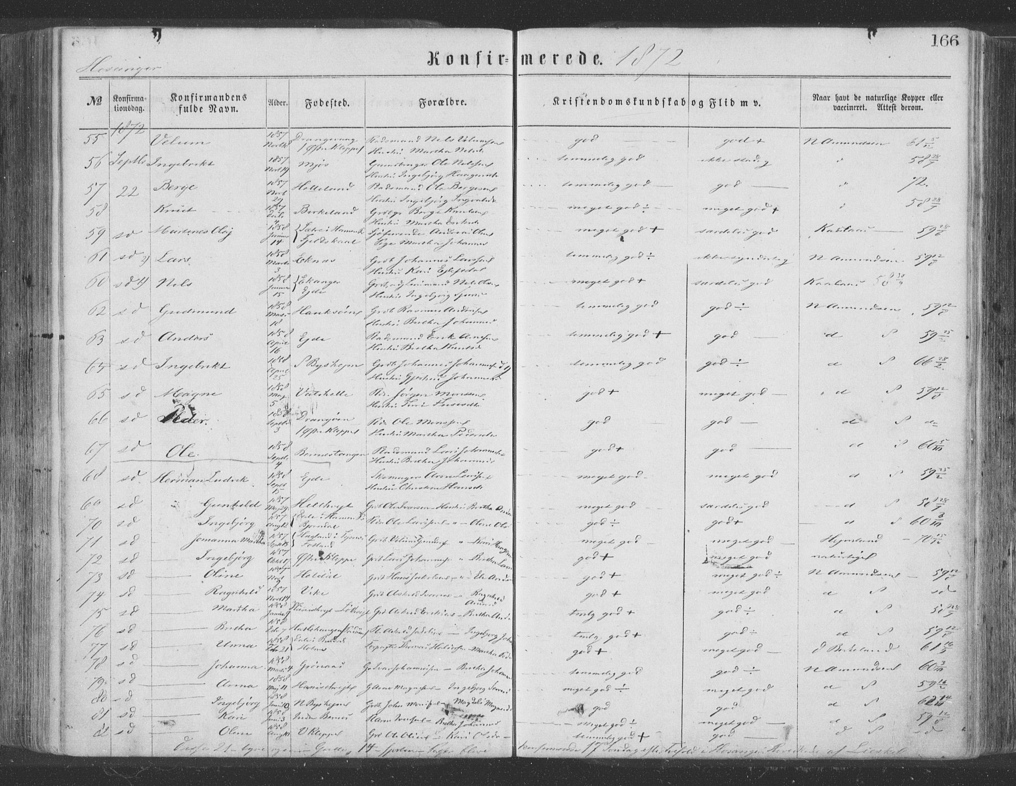 Hosanger sokneprestembete, AV/SAB-A-75801/H/Haa: Parish register (official) no. A 9, 1864-1876, p. 166