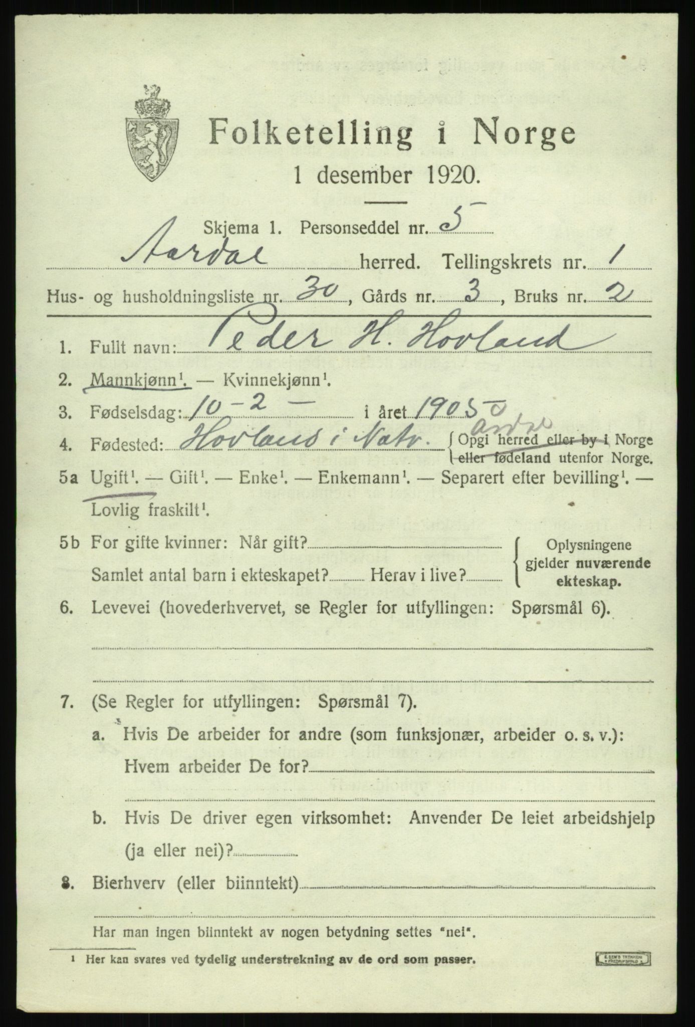 SAB, 1920 census for Årdal, 1920, p. 859