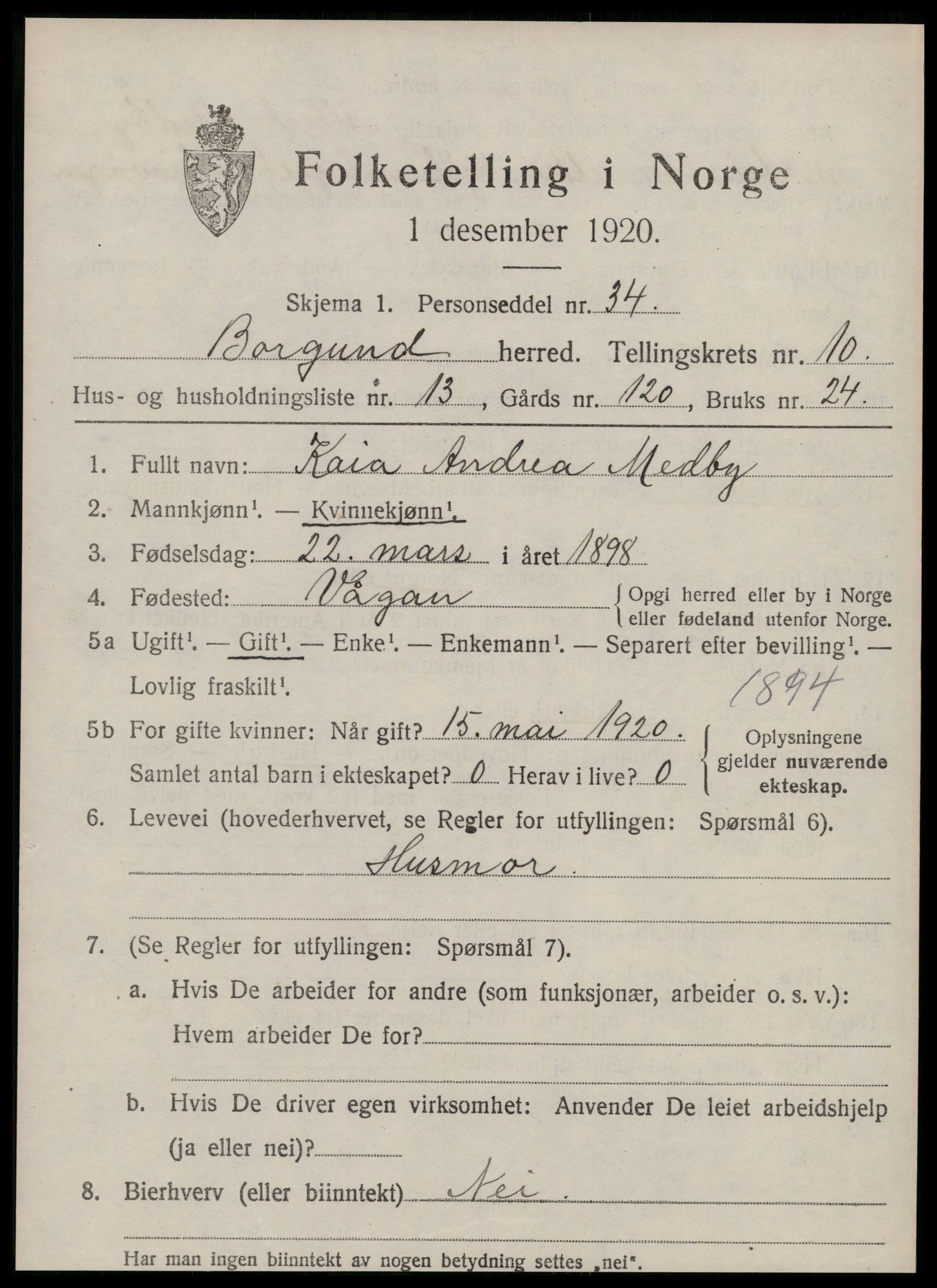 SAT, 1920 census for Borgund, 1920, p. 9406