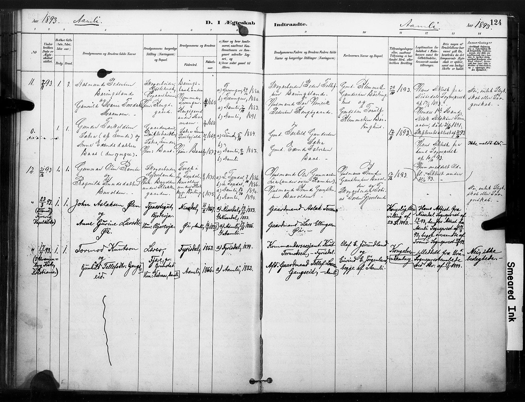 Åmli sokneprestkontor, SAK/1111-0050/F/Fa/Fac/L0010: Parish register (official) no. A 10 /1, 1885-1899, p. 124