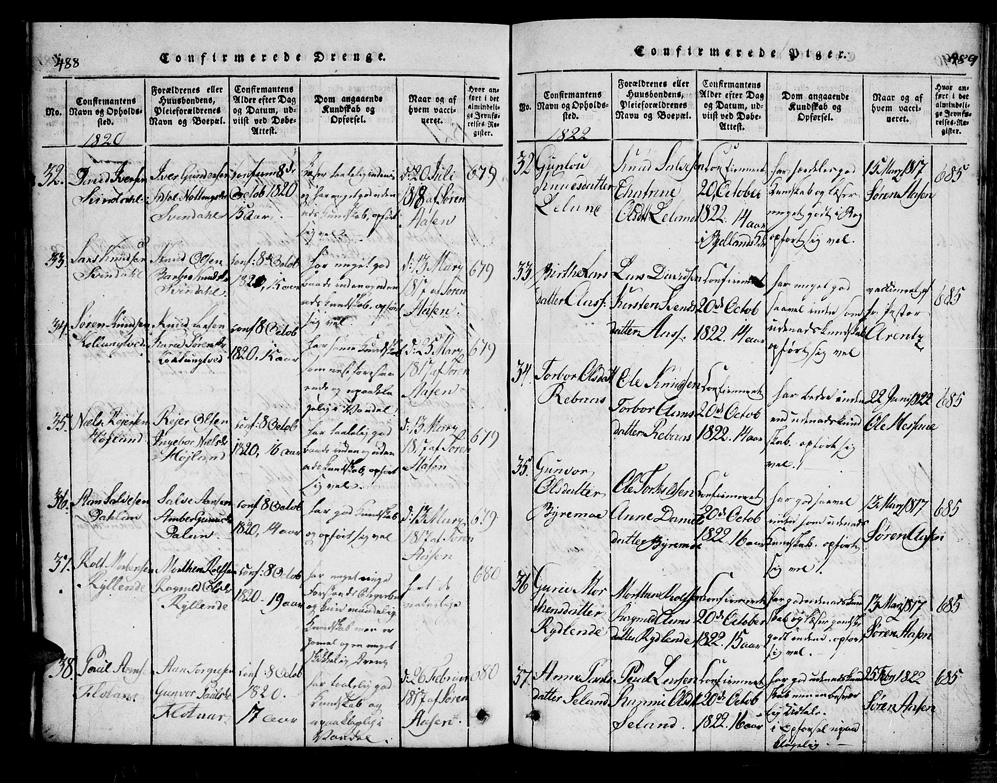 Bjelland sokneprestkontor, SAK/1111-0005/F/Fa/Fac/L0001: Parish register (official) no. A 1, 1815-1866, p. 488-489