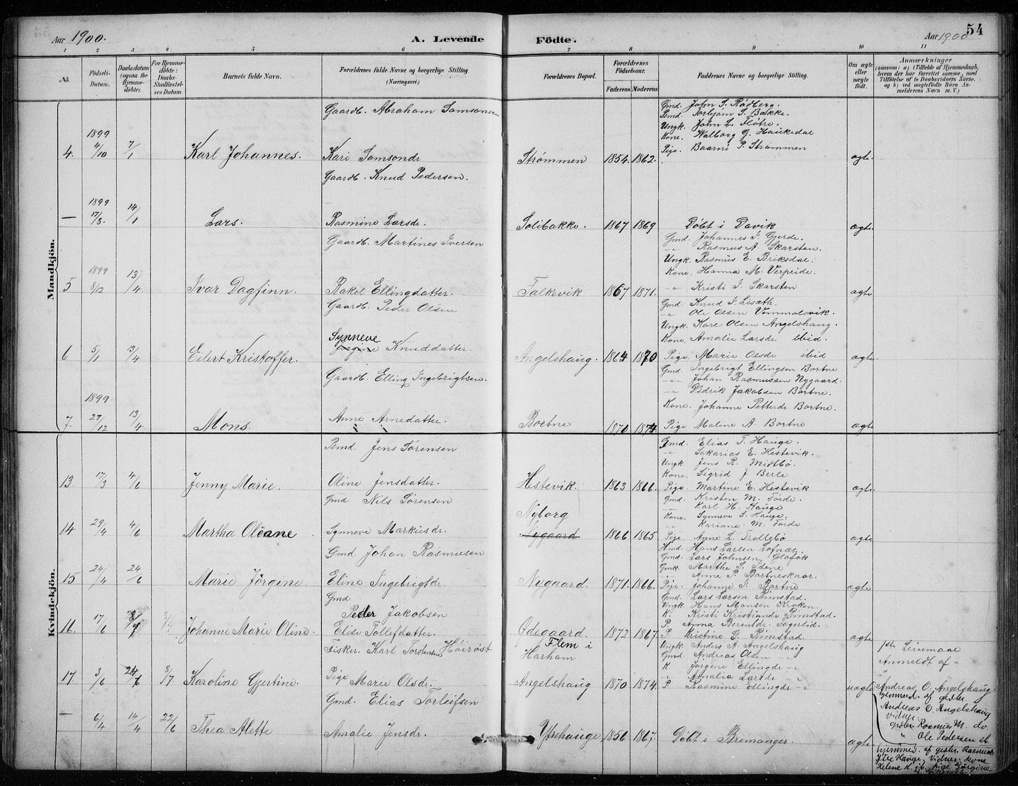 Davik sokneprestembete, AV/SAB-A-79701/H/Hab/Habc/L0002: Parish register (copy) no. C 2, 1889-1906, p. 54